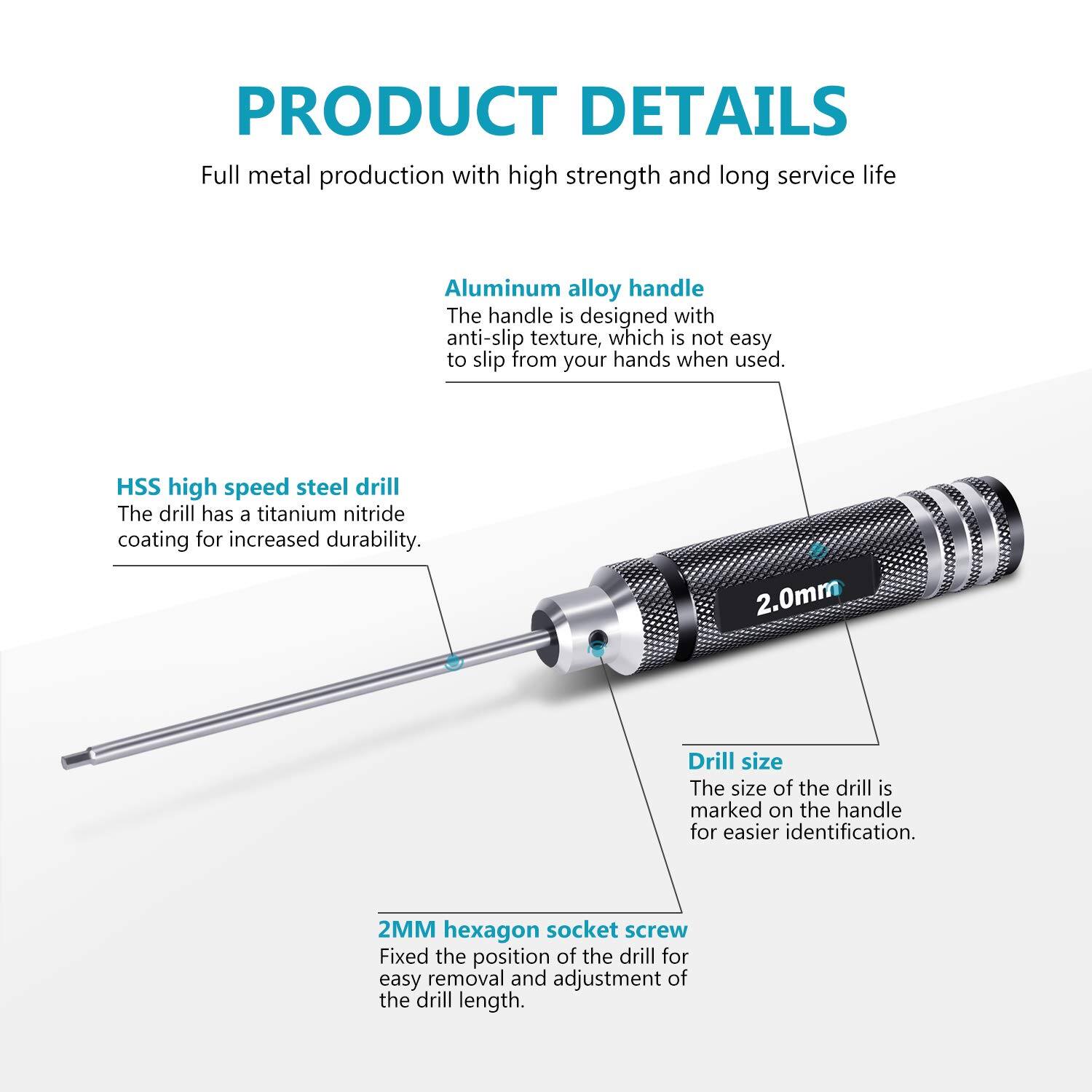 PRODUCT DETAILS

Full metal production with high strength and long service life

- **Aluminum alloy handle**
  The handle is designed with an anti-slip texture, which is not easy to slip from your hands when used.

- **HSS high speed steel drill**
  The drill has a titanium nitride coating for increased durability.

- **2.0mm Drill size**
  The size of the drill is marked on the handle for easier identification.

- **2MM hexagon socket screw**
  Fixed the position of the drill for easy removal and adjustment of the drill length.