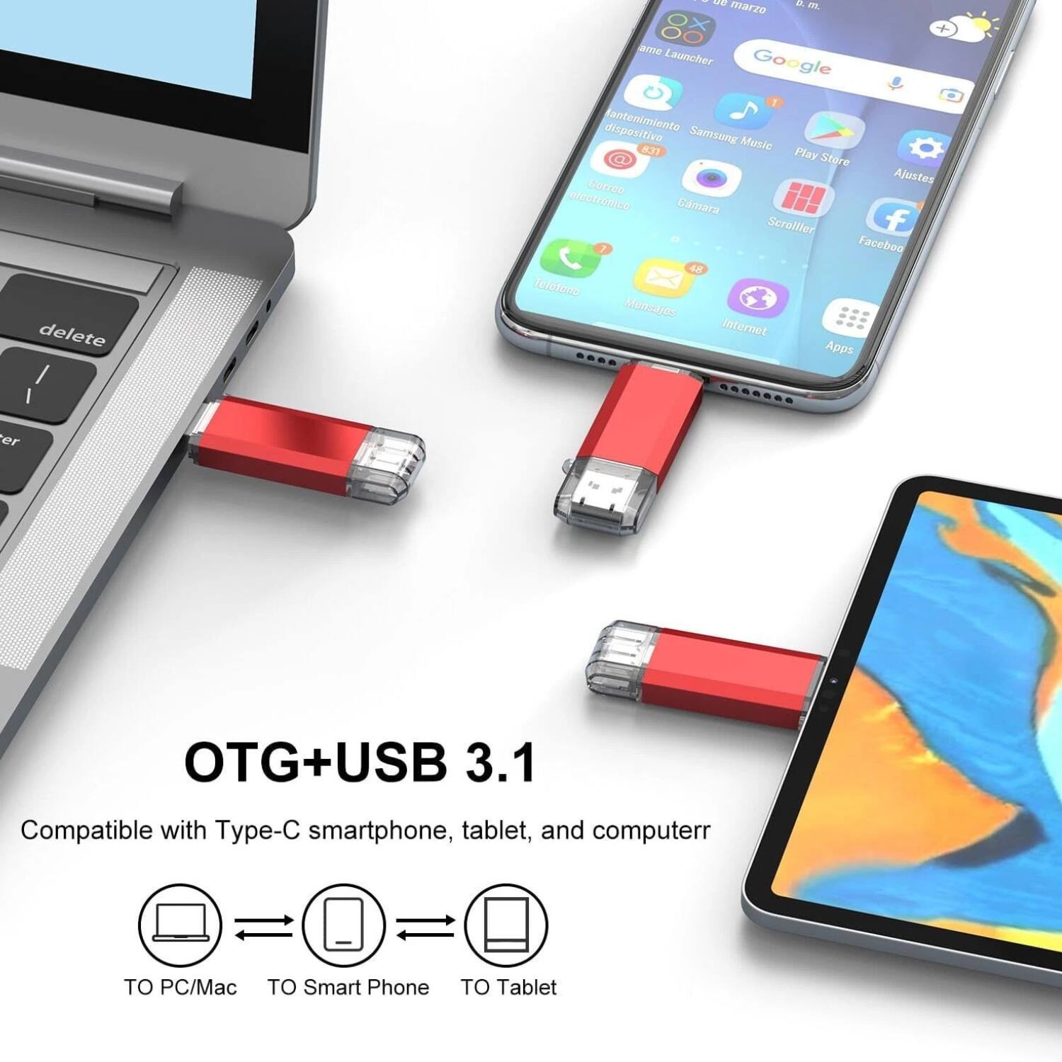 OTG+USB 3.1  
Compatible with Type-C smartphone, tablet, and computer  

TO PC/Mac  
TO Smart Phone  
TO Tablet