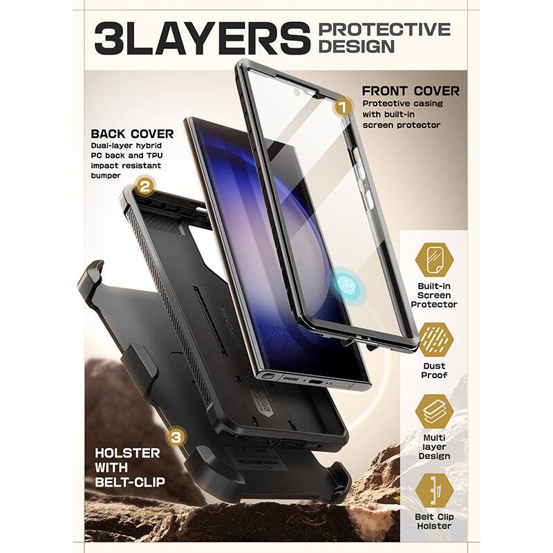 **3LAYERS PROTECTIVE DESIGN**

1. **FRONT COVER**
   - Protective casing with built-in screen protector

2. **BACK COVER**
   - Dual-layer hybrid PC back and TPU impact resistant bumper

3. **HOLSTER WITH BELT-CLIP**
   - Belt Clip Holster

**Features:**
- Built-in Screen Protector
- Dust Proof
- Multi layer Design