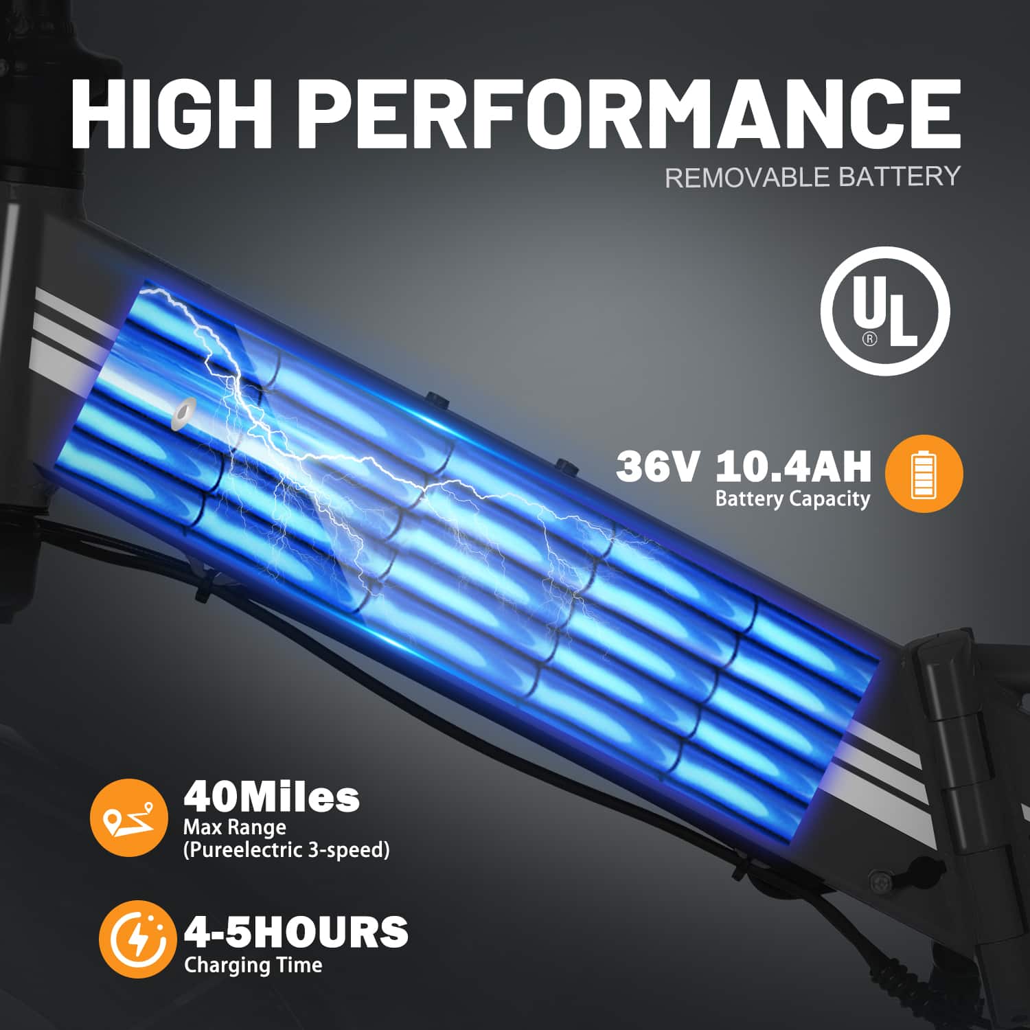 High Performance Removable Battery UL 1 L 36V 10.4AH Battery Capacity 40 Miles Max Range (Pureelectric 3-speed) 4-5 Hours Charging Time