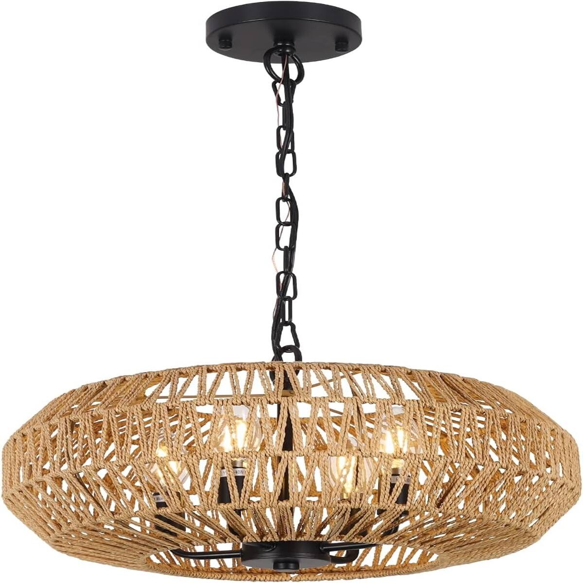 Loheer Boho Farmhouse Chandelier, Hand Woven Rattan Pendant Light, Four ...