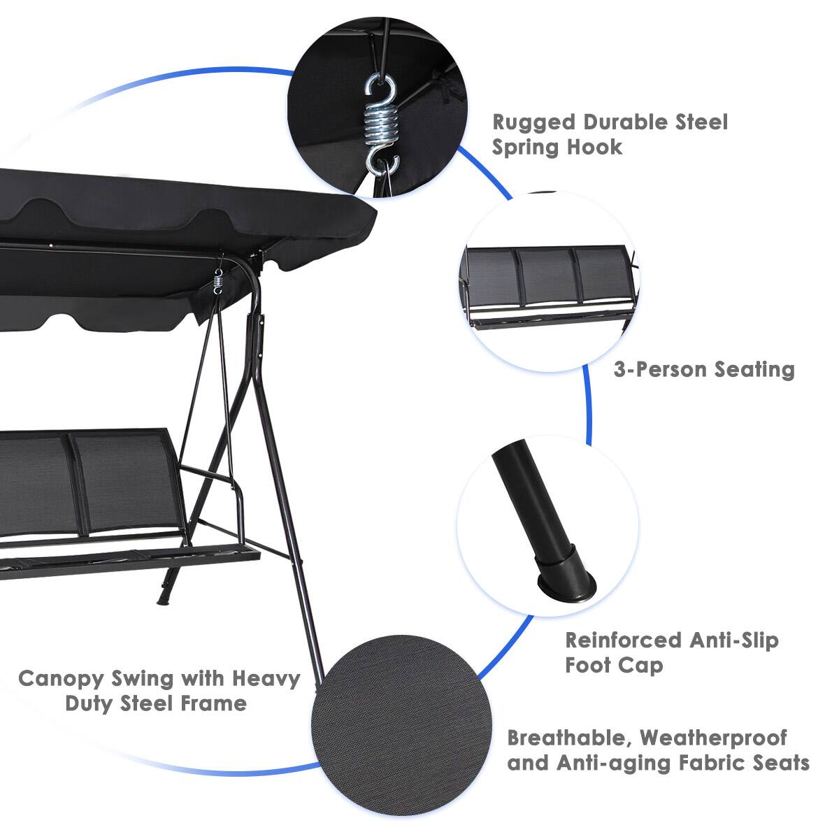 - Rugged Durable Steel Spring Hook
- 3-Person Seating
- Reinforced Anti-Slip Foot Cap
- Breathable, Weatherproof and Anti-aging Fabric Seats
- Canopy Swing with Heavy Duty Steel Frame