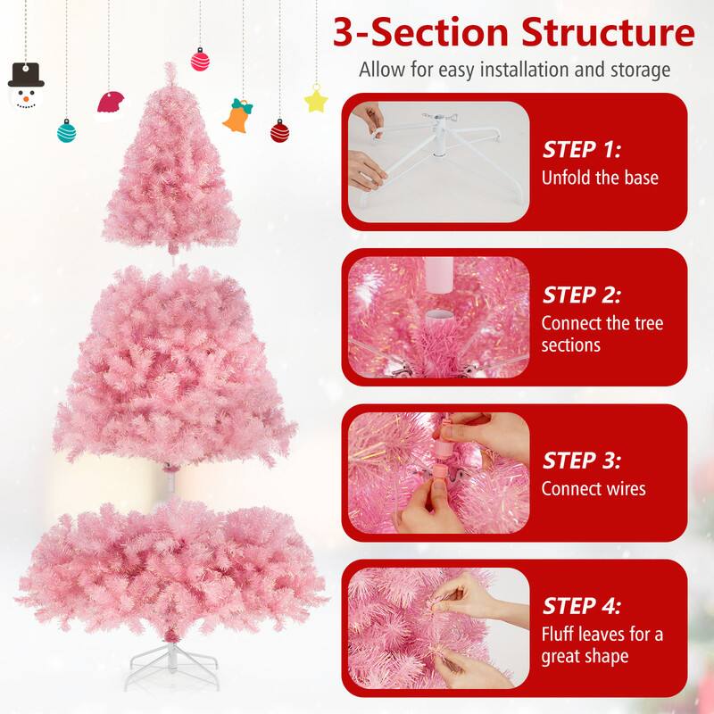 3-Section Structure  
Allow for easy installation and storage

STEP 1:  
Unfold the base

STEP 2:  
Connect the tree sections

STEP 3:  
Connect wires

STEP 4:  
Fluff leaves for a great shape