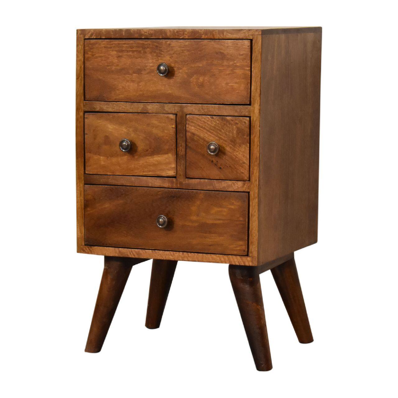 Left. Artisan Furniture - Artisan Furniture Solid Wood 4 Drawer Multi Chestnut Nightstand, Nordic legs, Dark Brown - Chestnut.