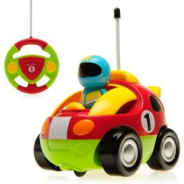 JuzToys - 4" Cartoon Remote Control Race Car – Flashing Lights, Honking Sounds, and Removable Figure, RC Toys for Kids – - Red