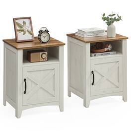 Songmics Home - Nightstand with Barn Door, Set of 2, Bedside Table with Storage, Side End Table, Night Stand with Open Compartment - Rustic White and Honey Brown