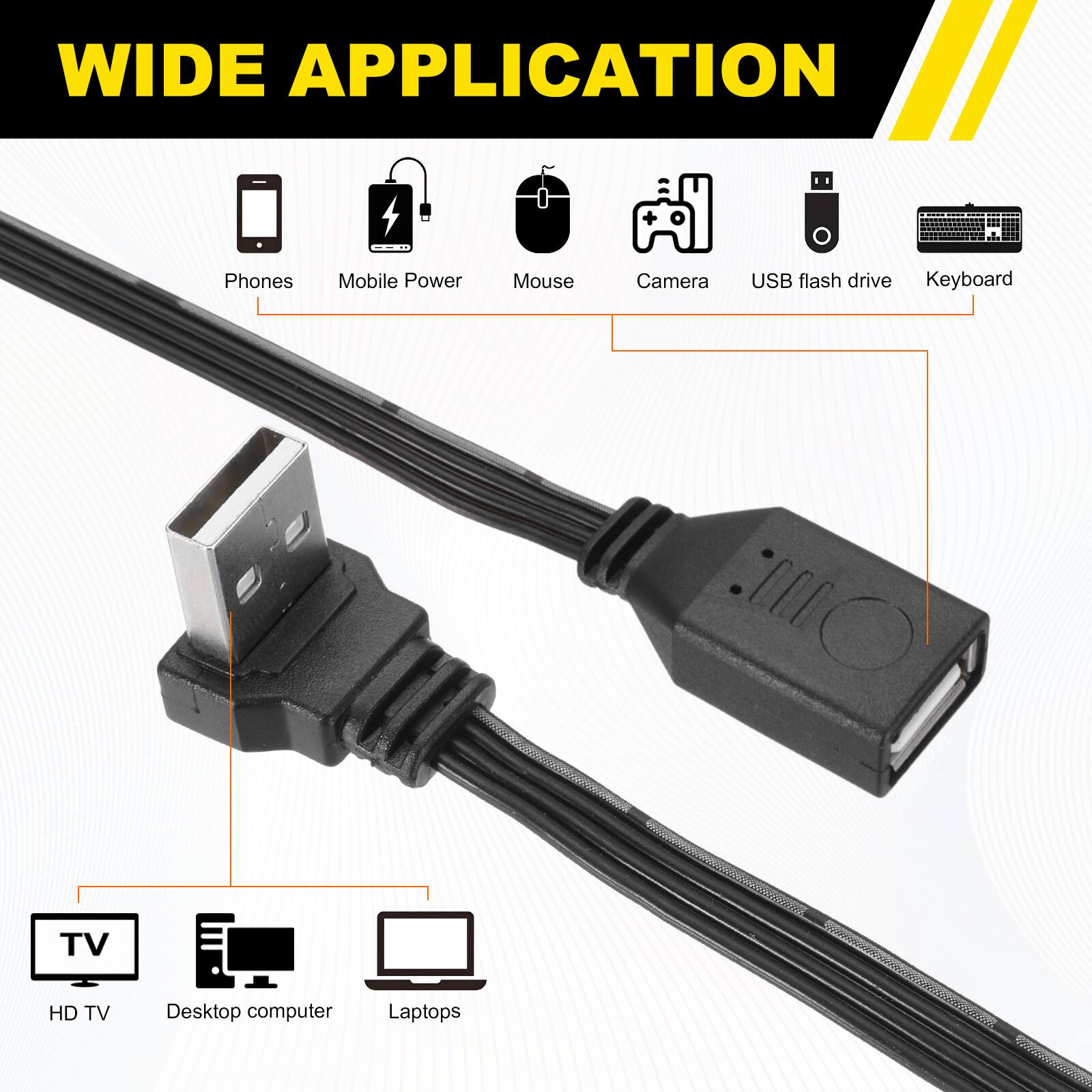 WIDE APPLICATION

- Phones
- Mobile Power
- Mouse
- Camera
- USB flash drive
- Keyboard
- TV
- HD TV
- Desktop computer
- Laptops