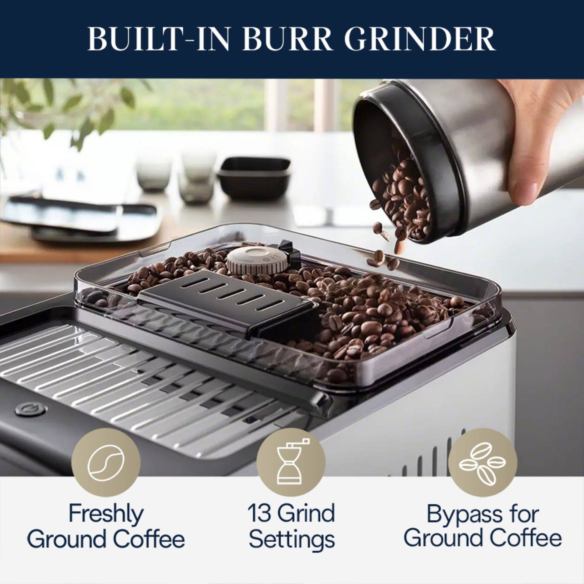 BUILT-IN BURR GRINDER Freshly Ground Coffee 13 Grind Settings Bypass for Ground Coffee