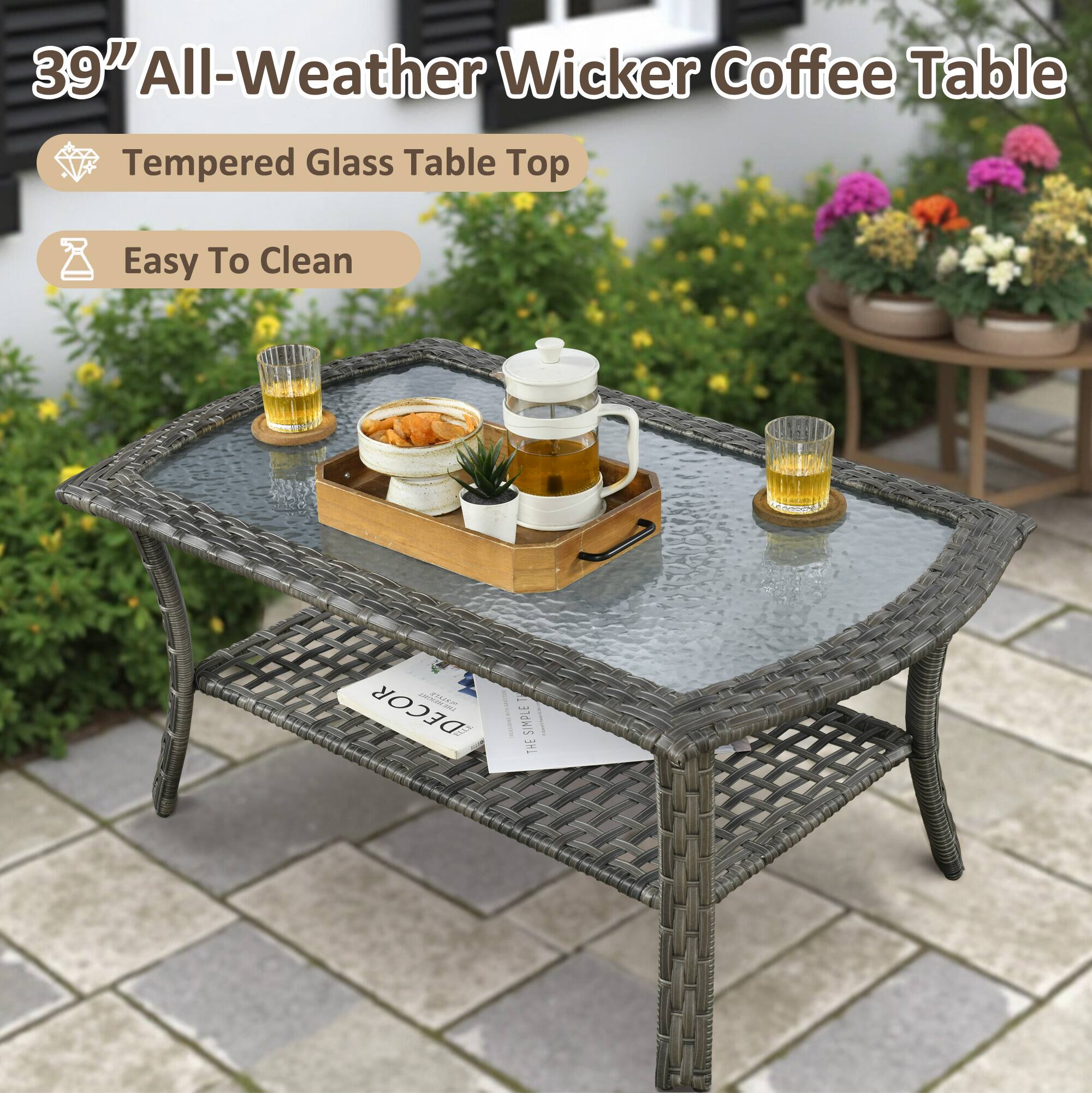 39" All-Weather Wicker Coffee Table

- Tempered Glass Table Top
- Easy To Clean