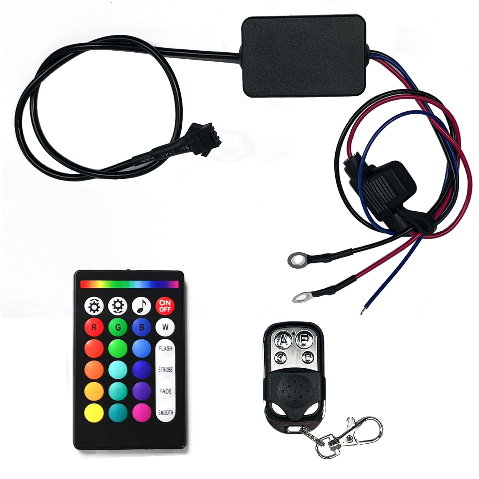 Sure, here is the corrected and grouped text from the image:

- Vw~T S5
- ON OFF
- R G B W
- FLASH STROBE FADE SMOOTH

- A P
- C D