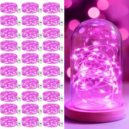 Front. Veranti - 7 ft 20 LED Battery Fairy String Lights for Halloween Party Decor and Christmas Crafts, 3 Modes - Pink.