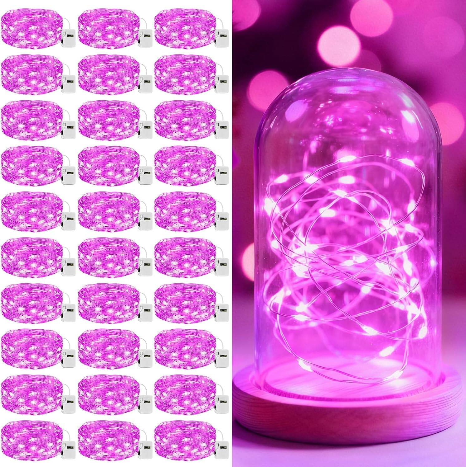 Front. Veranti - 7 ft 20 LED Battery Fairy String Lights for Halloween Party Decor and Christmas Crafts, 3 Modes - Pink.