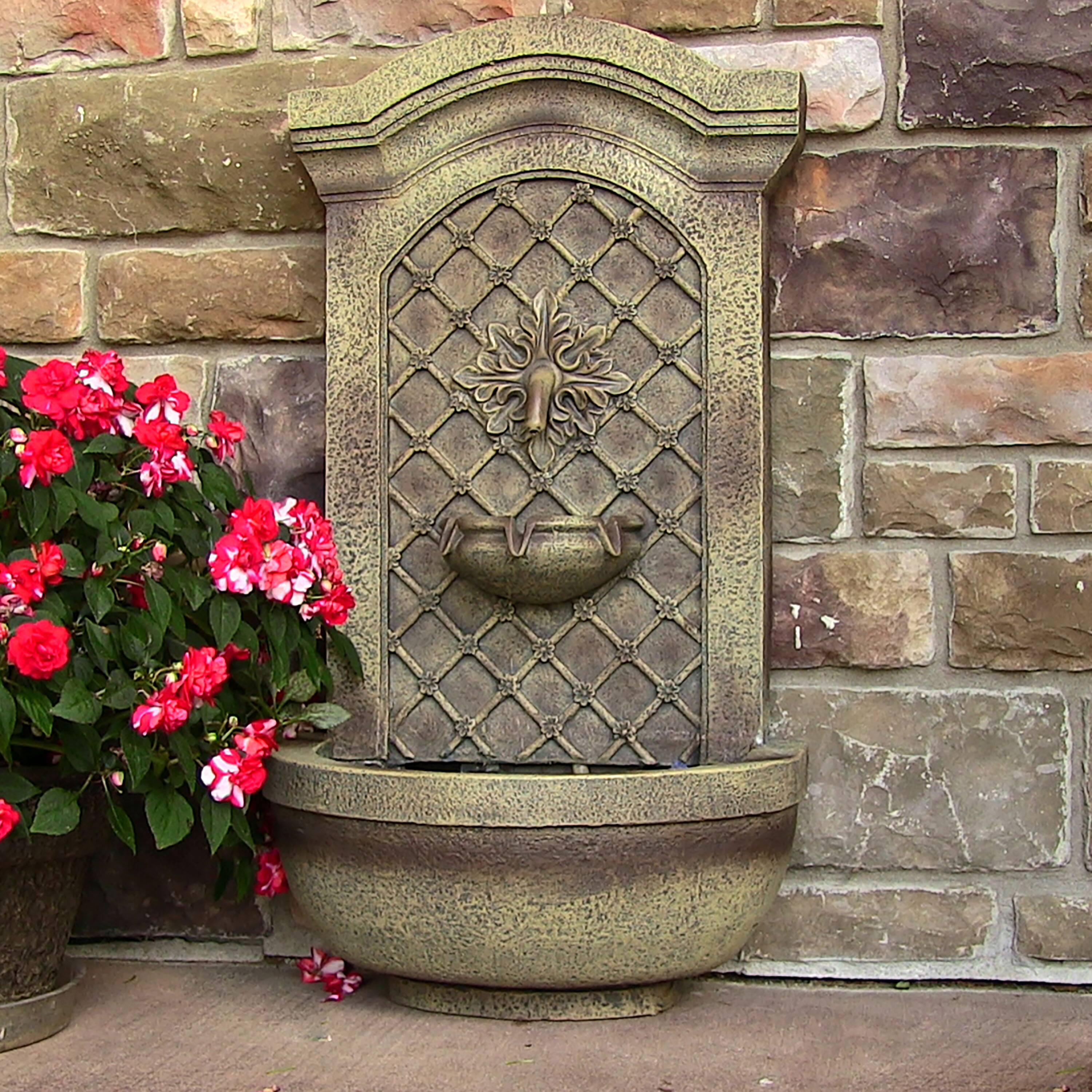 Alt View 2. Sunnydaze - Rosette Outdoor Solar Wall Fountain with Battery - Florentine Stone.