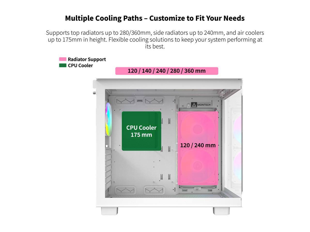 Multiple Cooling Paths – Customize to Fit Your Needs

Supports top radiators up to 280/360mm, side radiators up to 240mm, and air coolers up to 175mm in height. Flexible cooling solutions to keep your system performing at its best.

- Radiator Support: 120 / 140 / 240 / 280 / 360 mm
- CPU Cooler: 175 mm

CPU Cooler 175 mm

120 / 240 mm