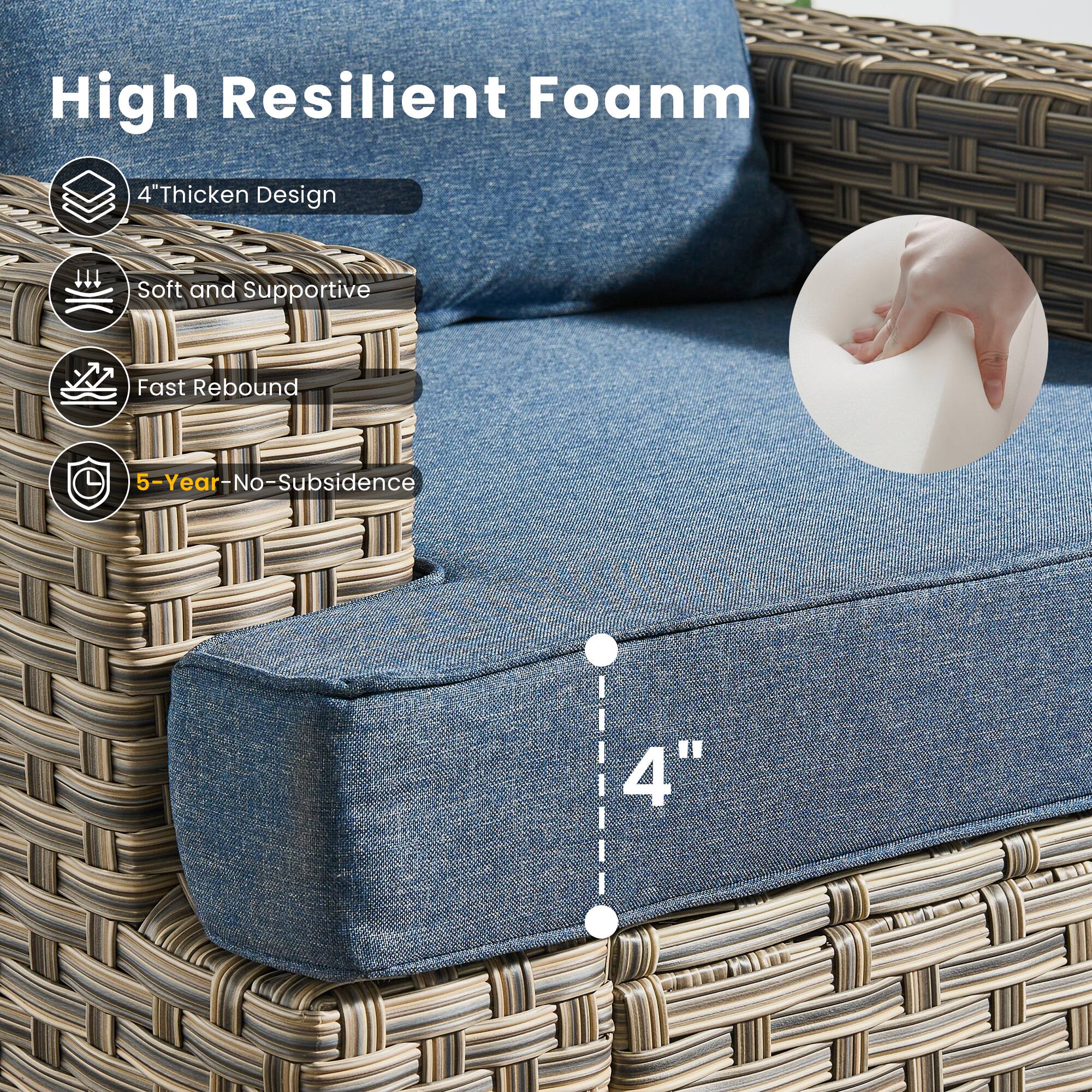 High Resilient Foam  
4" Thick Design  
Soft and Supportive  
Fast Rebound  
5-Year No-Subsidence