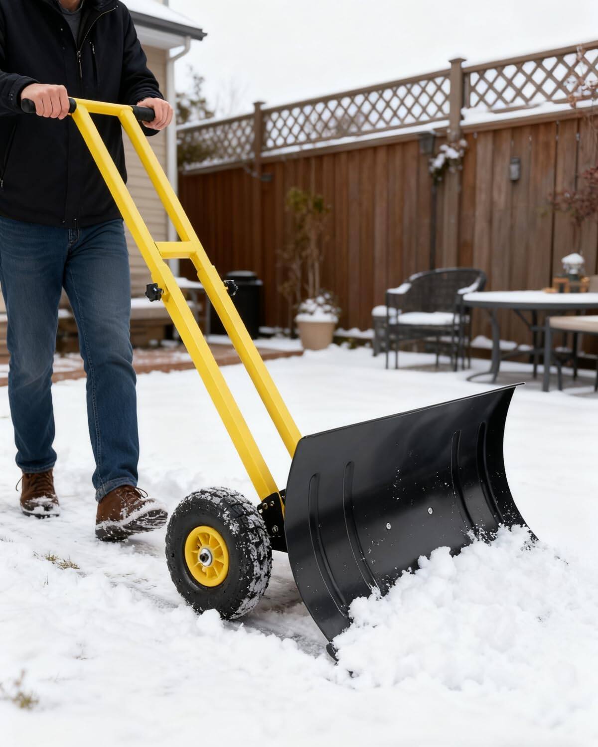 Front. Qeetex - Snow Shovel with Wheels, Adjustable Handle & Angled Blade, Double Rod Push Snow Plow for Driveway(29.1W x 16.5H) - Black&Yellow.