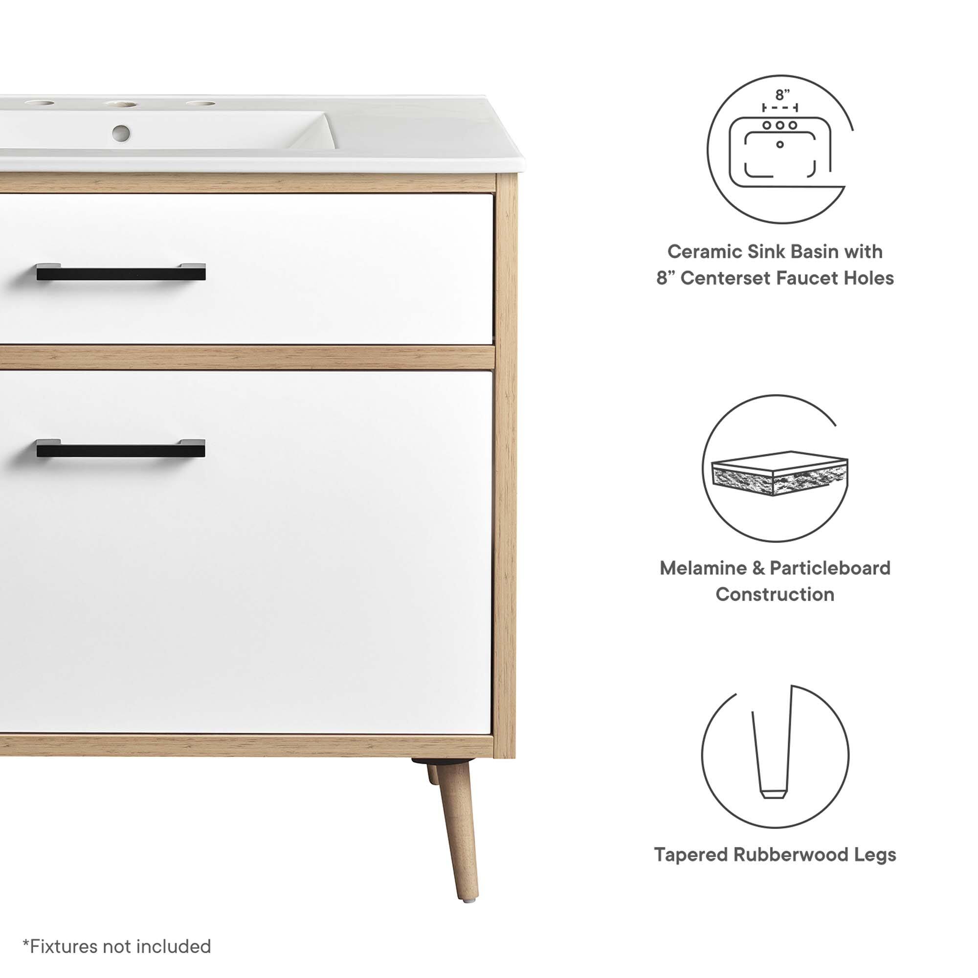 8" Ceramic Sink Basin with 8" Centerset Faucet Holes  
Melamine & Particleboard Construction  
Tapered Rubberwood Legs  
*Fixtures not included