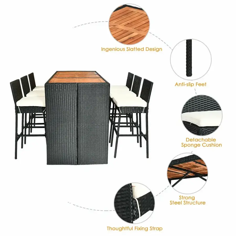 The text on the image is grouped and corrected as follows:

1. Ingenious Slatted Design
2. Anti-slip Feet
3. Detachable Sponge Cushion
4. Strong Steel Structure
5. Thoughtful Fixing Strap