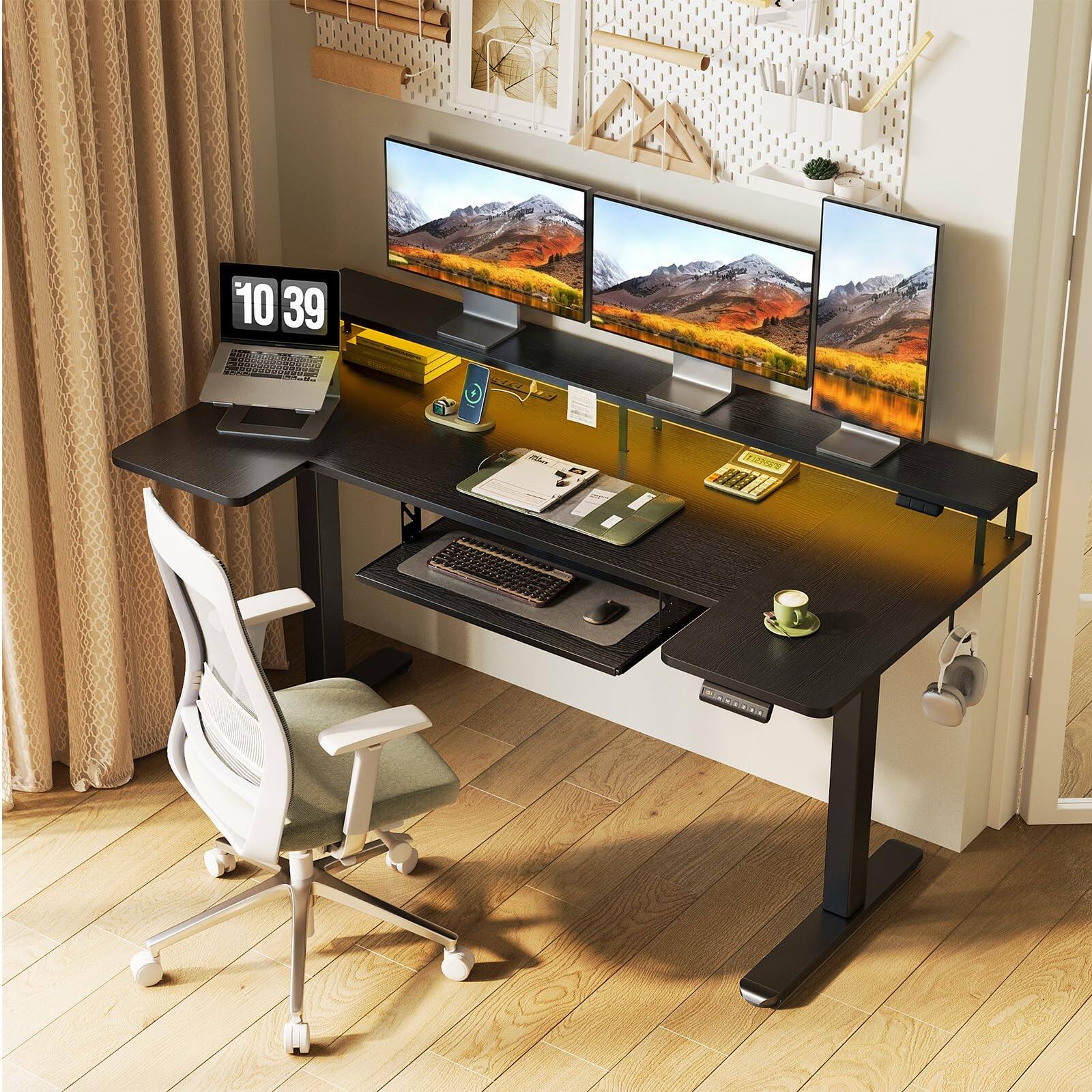 Alt View 1. AODK - U-Shaped Electric Height-Adjustable Standing Desk with Keyboard Tray,Power Outlets and LED Lights - Black.