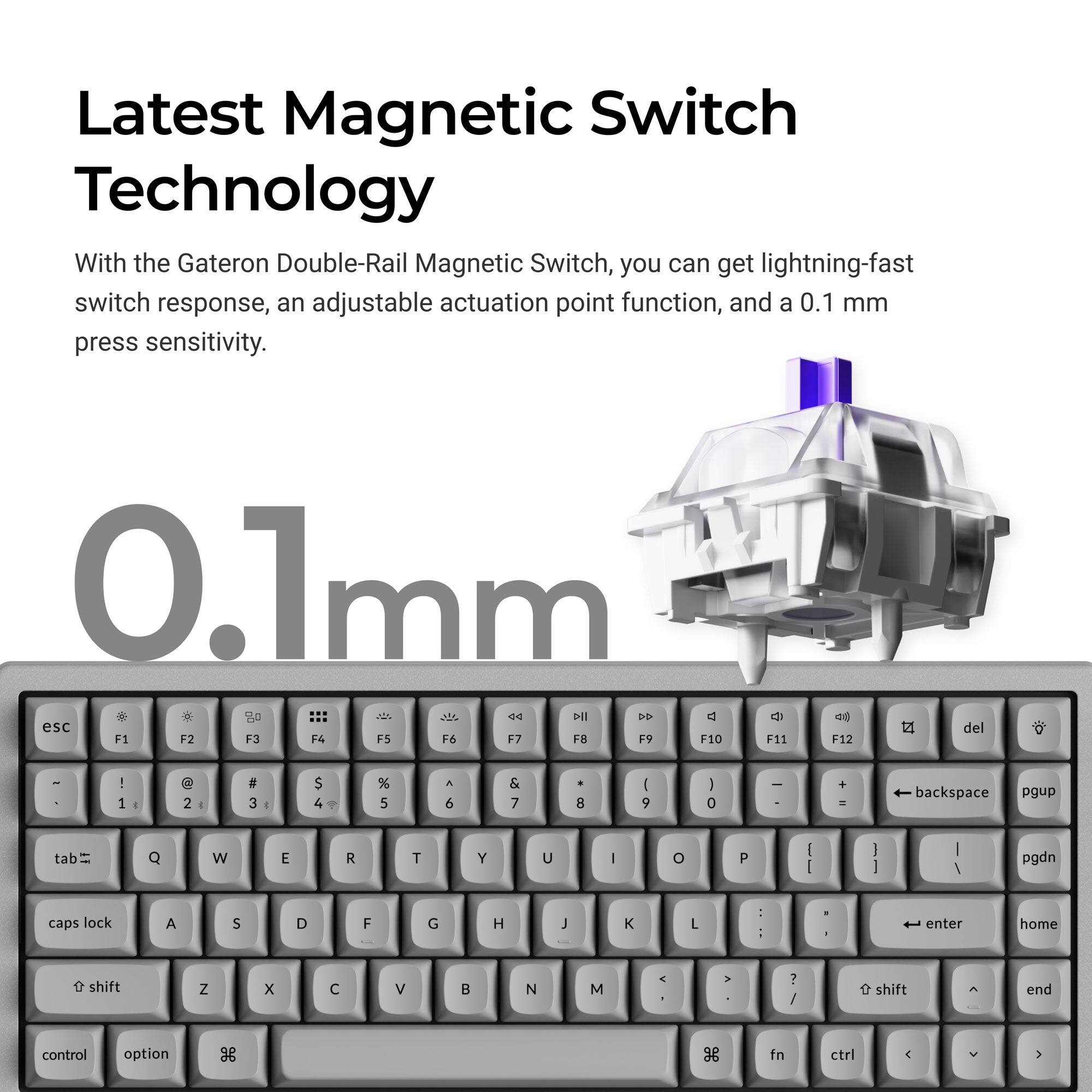 Latest Magnetic Switch Technology

With the Gateron Double-Rail Magnetic Switch, you can get lightning-fast switch response, an adjustable actuation point function, and a 0.1 mm press sensitivity.

0.1mm

esc F1 F2 F3 F4 F5 F6 F7 F8 F9 F10 F11 F12

del

! 1

@ 2

# 3

$ 4

% 5

& 6

* 7

( 8

) 9

0

backspace pgup

tab

Q

W

E

R

T

Y

U

I

O

P

caps lock

A

S

D

F

G

H

J

K

L

: |

enter

home

shift

Z

X

C

V

B

N

M

shift

end

control

option

fn

ctrl