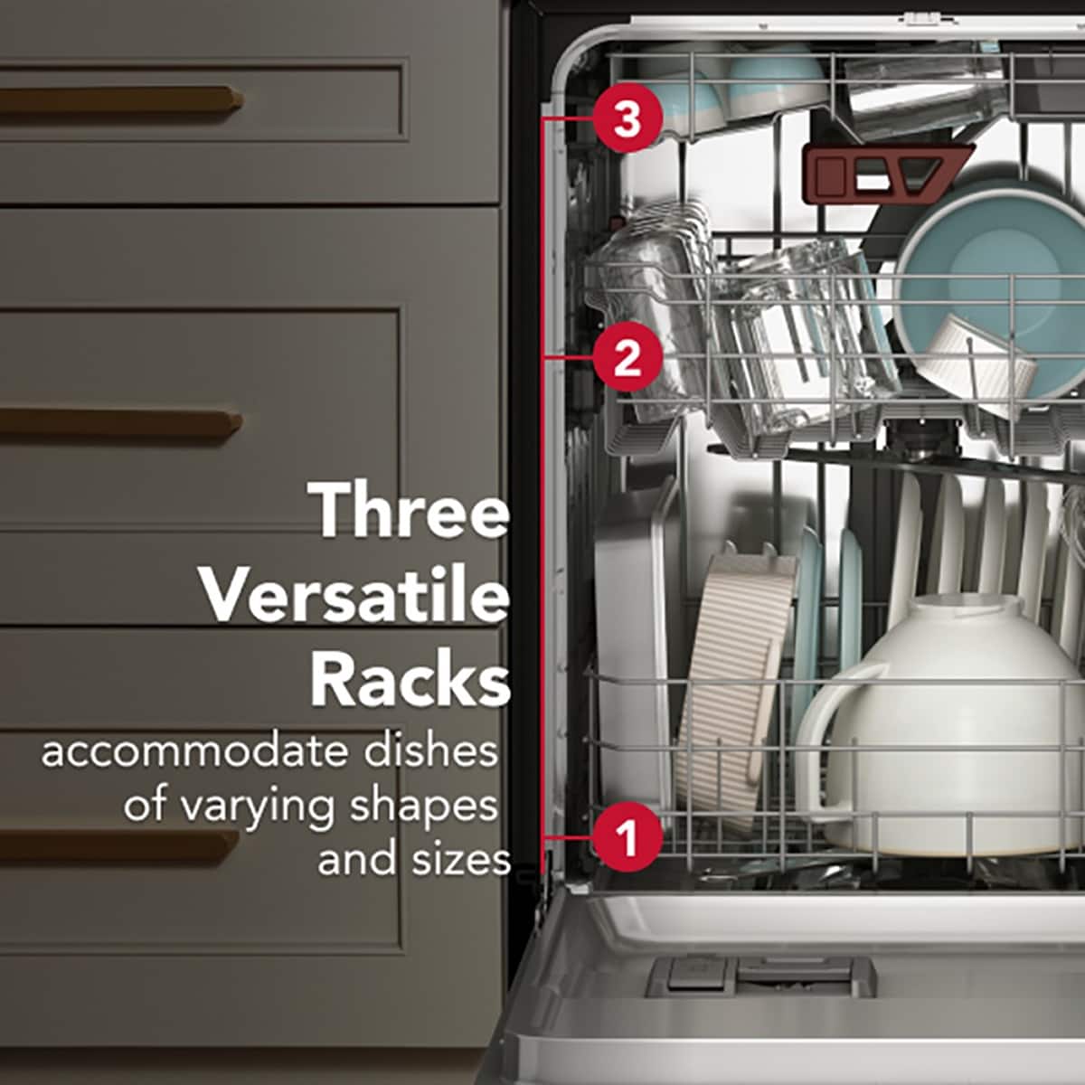 Three Versatile Racks accommodate dishes of varying shapes and sizes.