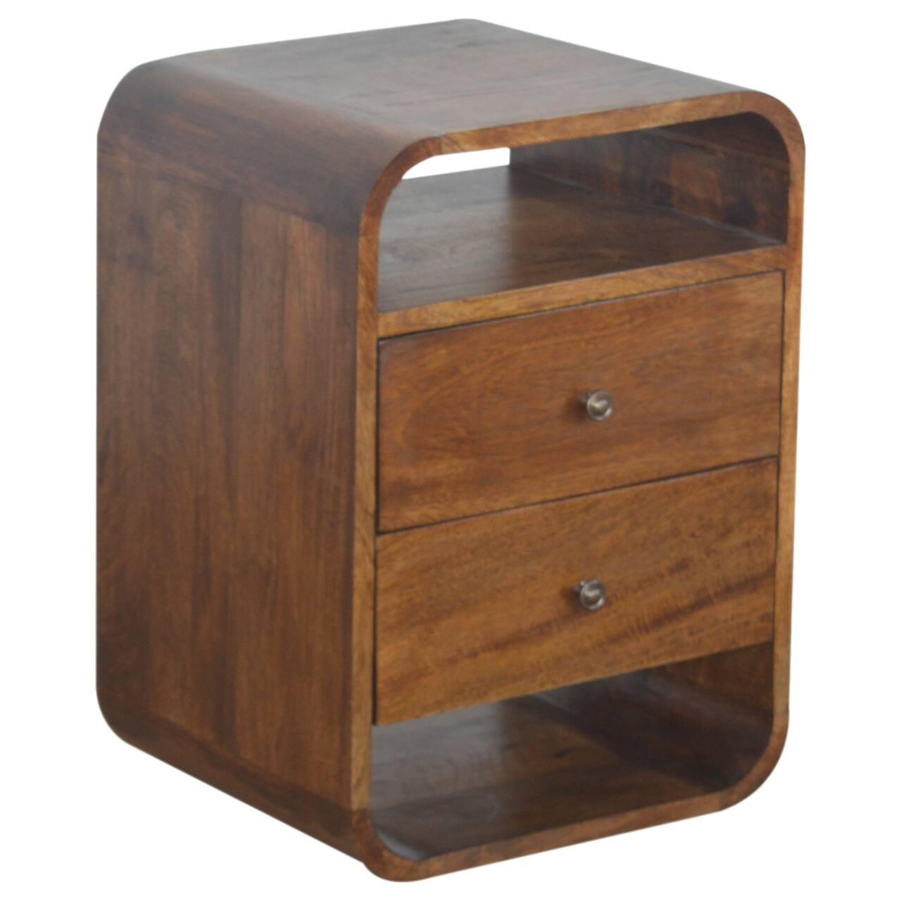 Left. Artisan Furniture - Artisan Furniture Solid Wood Chestnut Curve Nightstand, 2 Drawer, 2 Open Slots, Dark Brown - Chestnut.