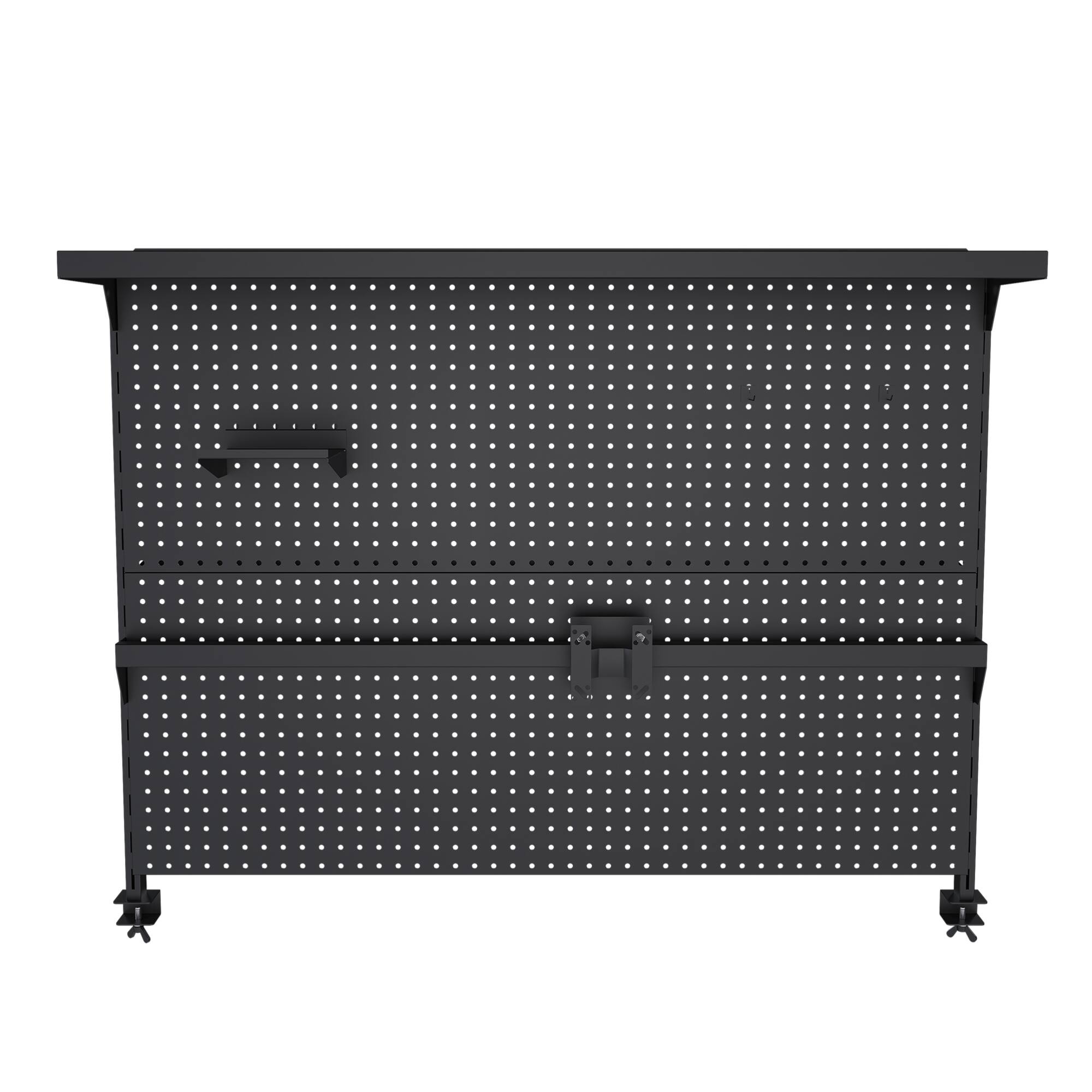 Left. GOODSILO - Steel Clamp-On Desk Pegboard Organizer with Single Monitor Stand and Modular Storage Panel - Black.