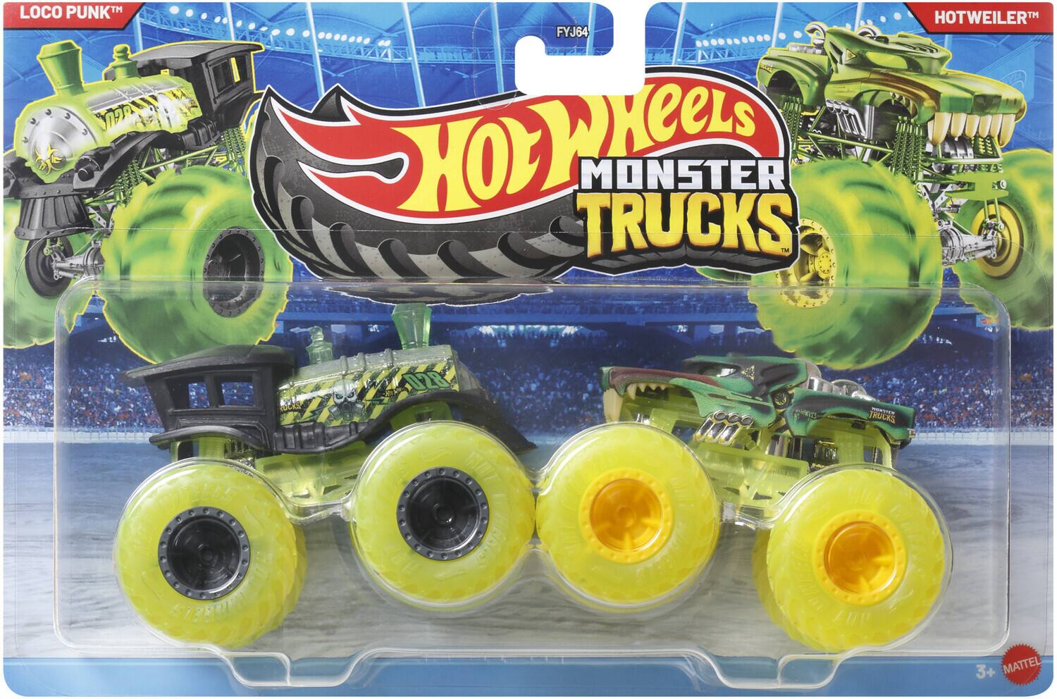 LOCO PUNK™  
FYJ64  
HOT WHEELS MONSTER TRUCKS  
HOTWEILER™  
50 MEELS  
ROCKLY  
028 7 CHNRTS  
TRUCKS  
3+  
MATTEL