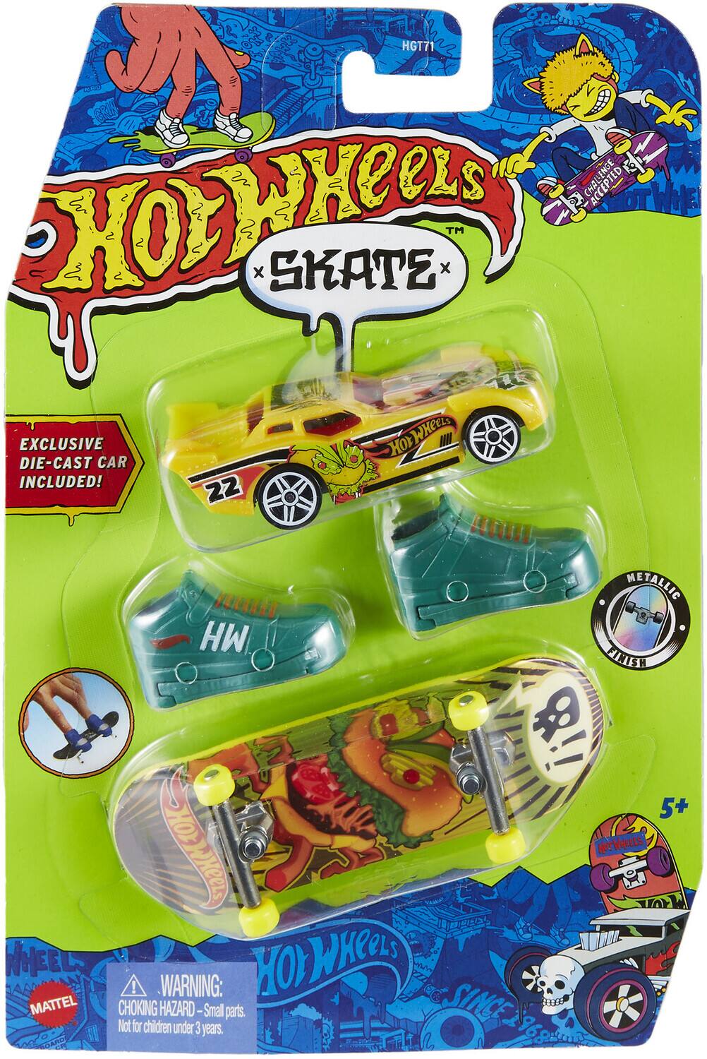 HGT71 CHALLENGE  
LCL TM  
Ch OTWHE x SKATE* x EXCLUSIVE HOr WHEELS DIE-CAST CAR INCLUDED!  
22 METALLIC MH FINISH BF 5+ 1OK HOTWHEELS HOMXGGTE TOK TArW WHEELS!  
WARNING: MATTEL Not CHOKING for children HAZARD-Small parts. SINCE 3 years.  
BOARD