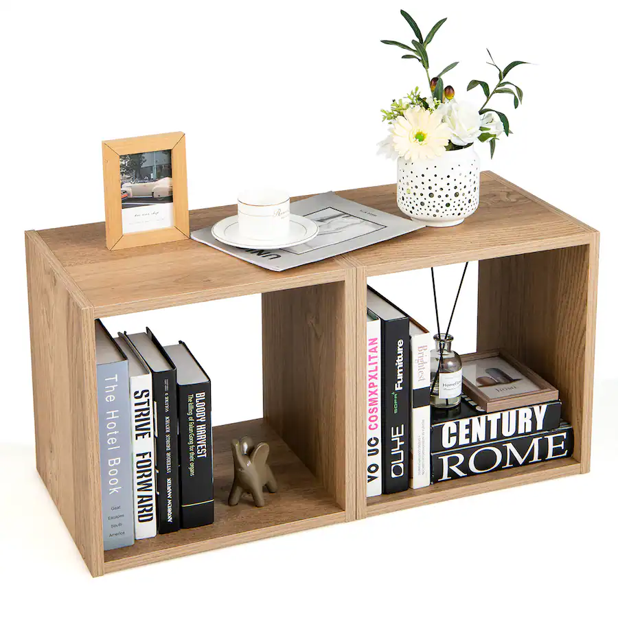 Costway 2 PCS Wood Stackable Storage Cube 2 tier Narrow Bookshelf Vinyl ...