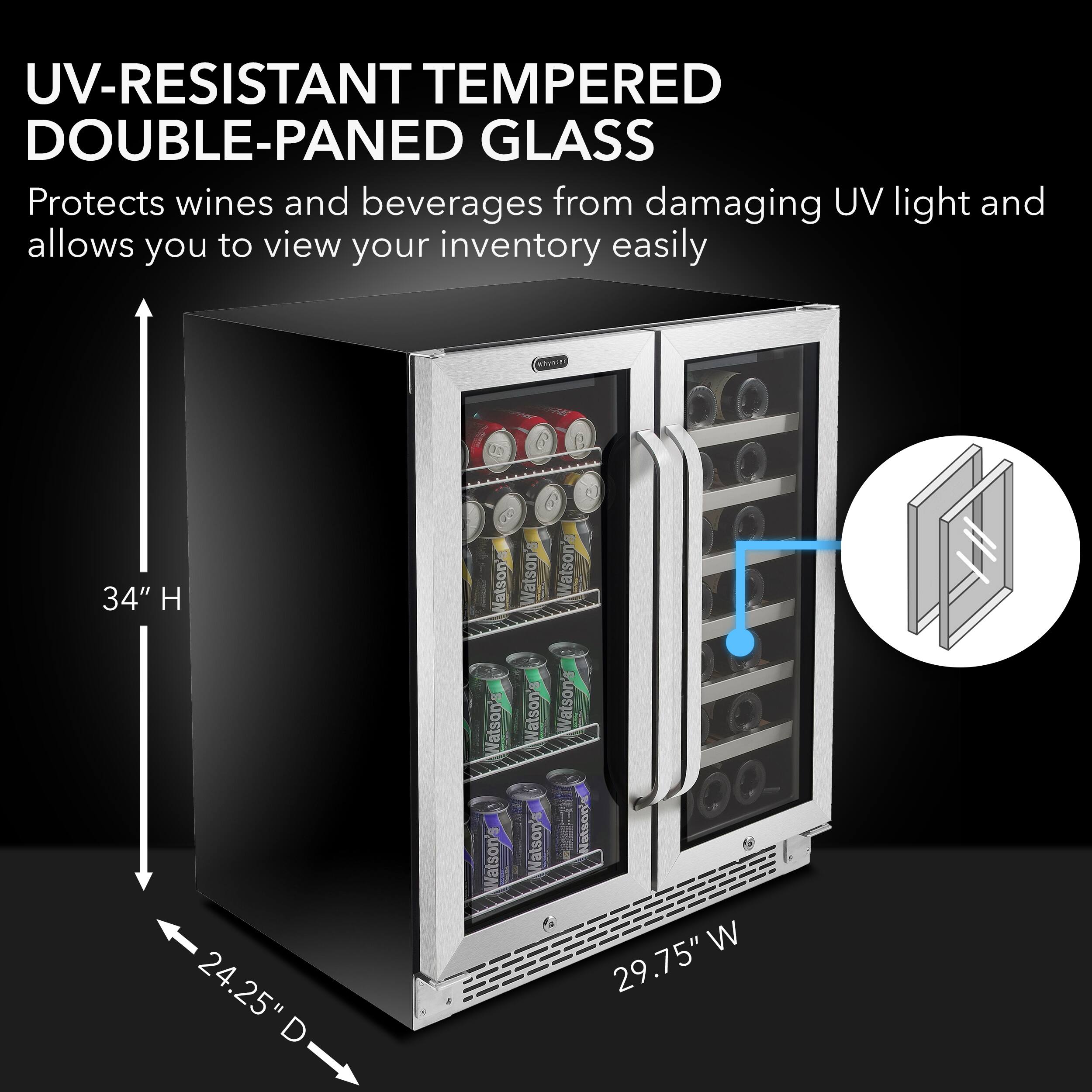 Angle. Whynter - 30″ Built-In French Door Dual Zone 33 Bottle Wine Refrigerator 88 Can Beverage Center - Stainless steel.