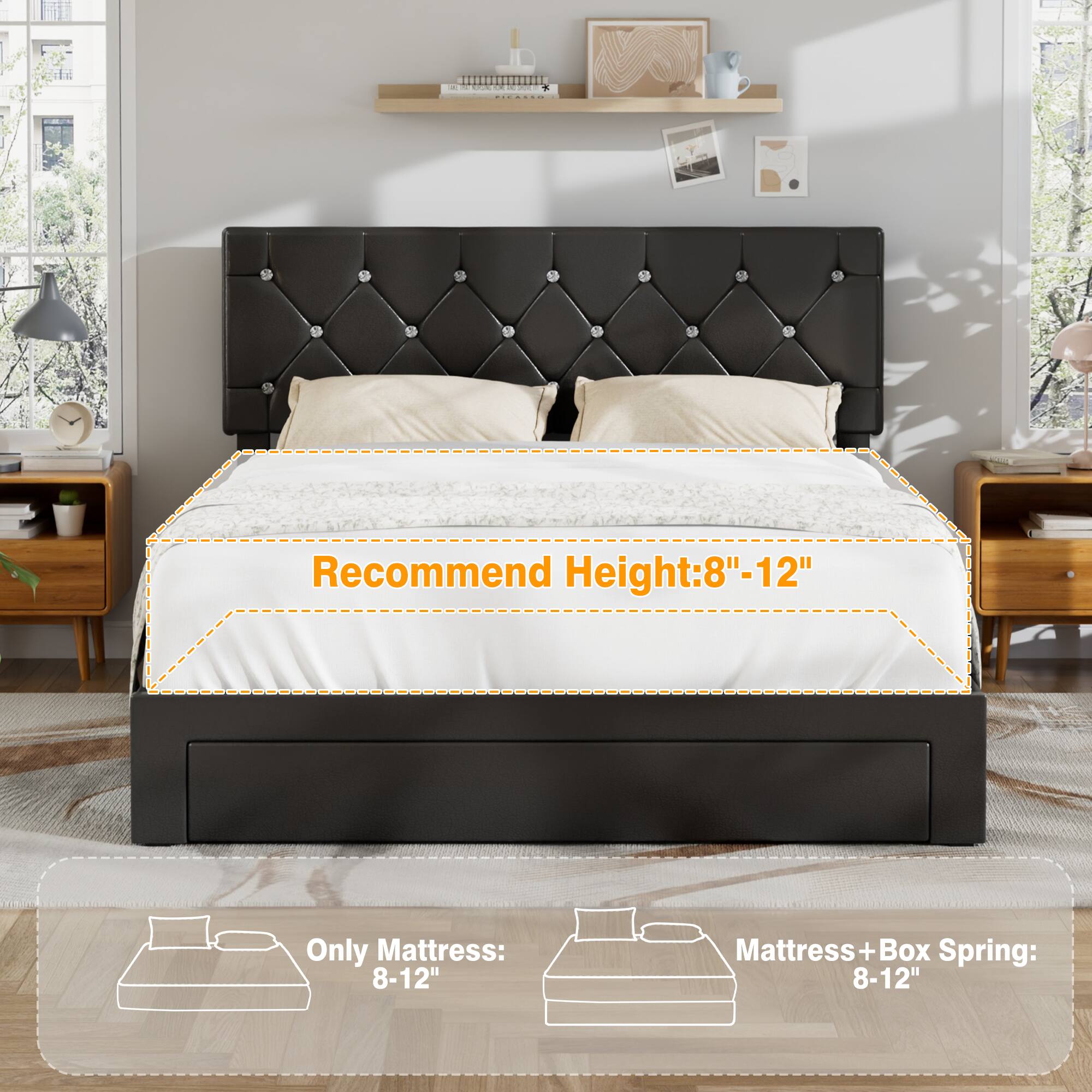 Recommend Height: 8"-12"

Only Mattress: 8-12"

Mattress+Box Spring: 8-12"