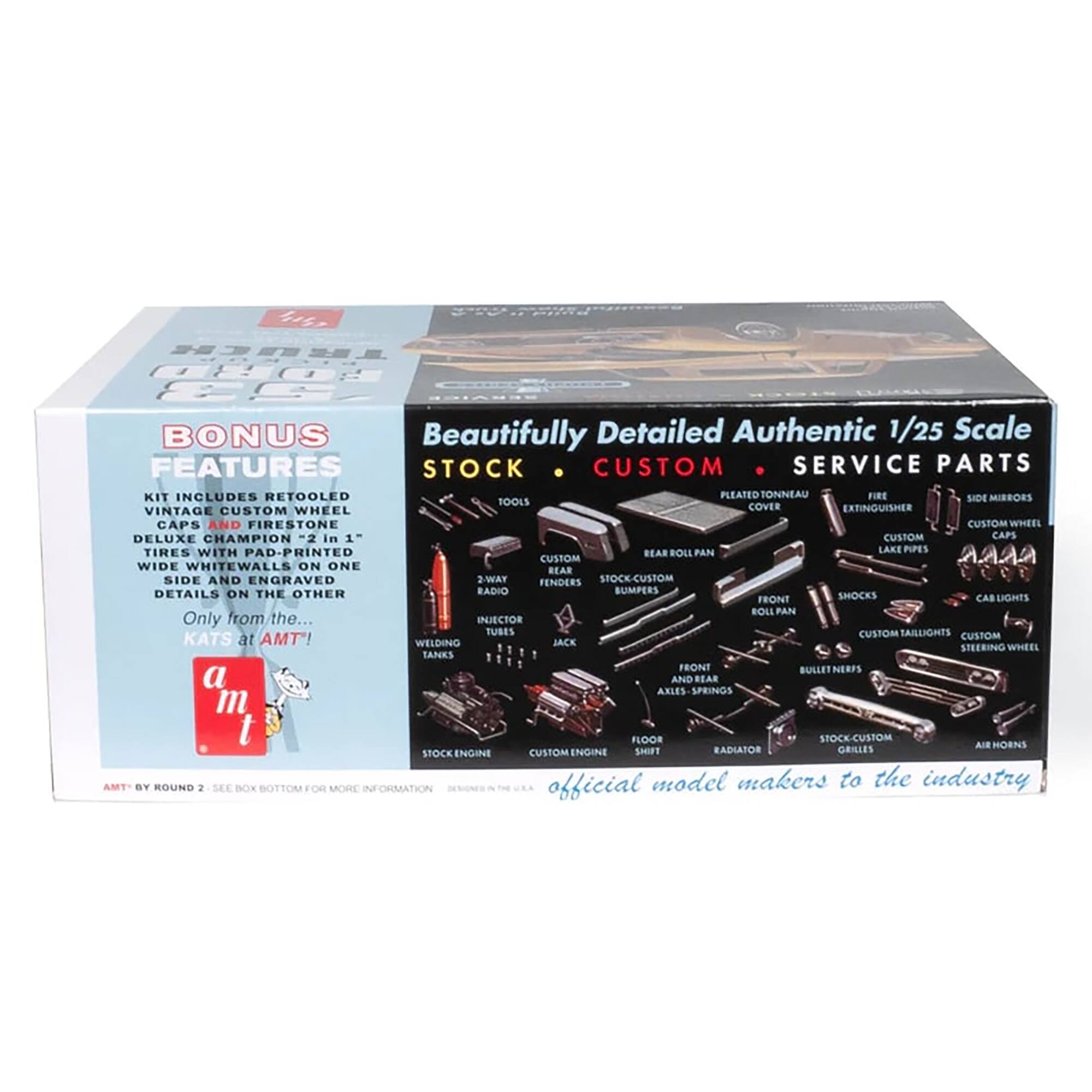 The text on the image is grouped and corrected as follows:

Features:

* Stock
* Custom
* Service Parts

Bonus:

* Beautifully Detailed Authentic 1/25 Scale
* Includes Retooled Plated Tonneau
* Fire Side Mirrors
* Tools
* Vintage Custom Wheel Covers
* Fire Extinguisher Caps
* Firestone Custom Wheel
* Deluxe Champion -2 in 1 Custom Caps
* Tires with Pad-Printed Dear Boll Pan Lake Pure
* Wide Whitewalls on One Bear Side
* Engraved 2-Way Fenders
* Stock-Custom Details on the Other
* Badio Sumpers
* Front Shocks
* Cab Lights
* Boll Pan
* Injector Tuses
* Custom Tail Lights
* Custom Cats
* Front Bullet Nerfs
* Rear Arrow Spare Tires
* Stock Engine
* Custom Engine
* Custom Air Horns
* Stock Radiator Grilles
* AMT by Official Model Makers to the Industry
* Round 2
* See Box Bottom for More Information