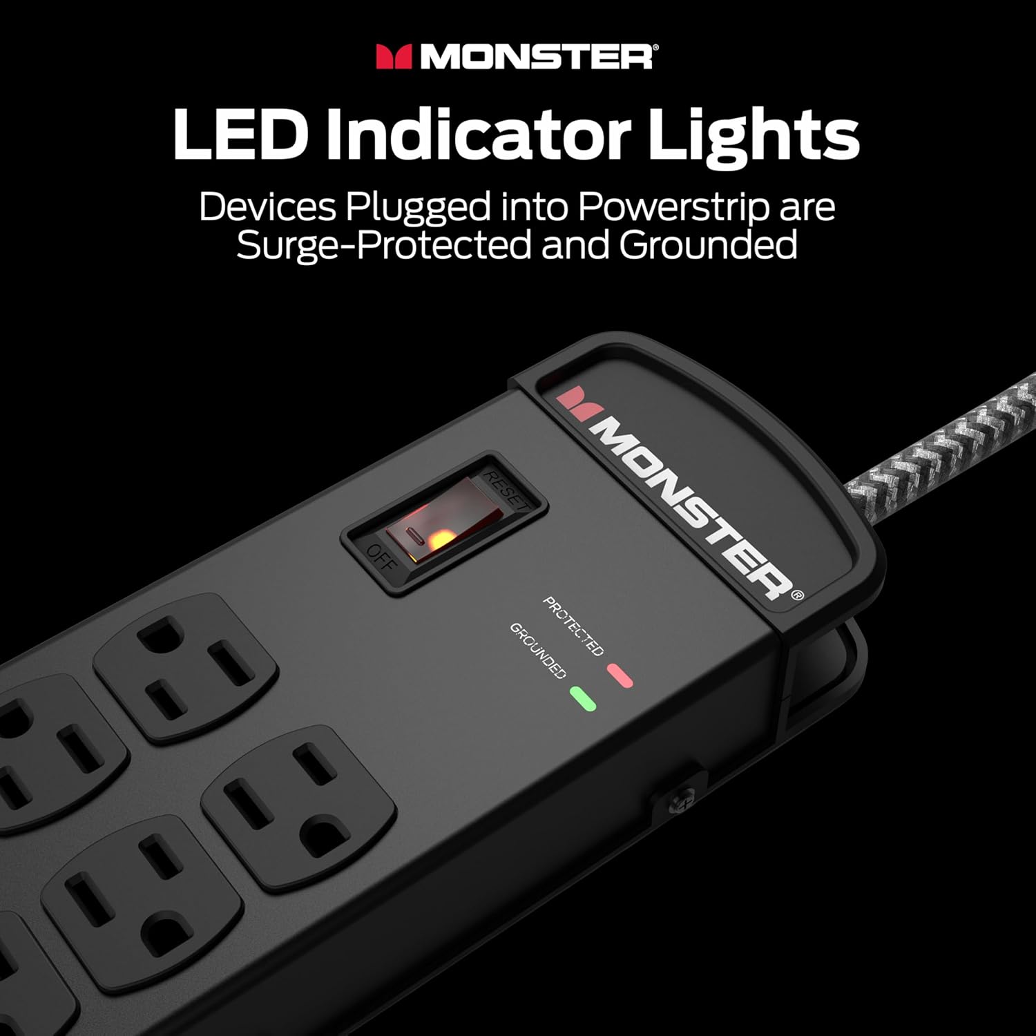 MONSTER LED Indicator Lights  
Devices Plugged into Powerstrip are Surge-Protected and Grounded  
OFF RESET  
MONSTER GROUNDED PROTECTED
