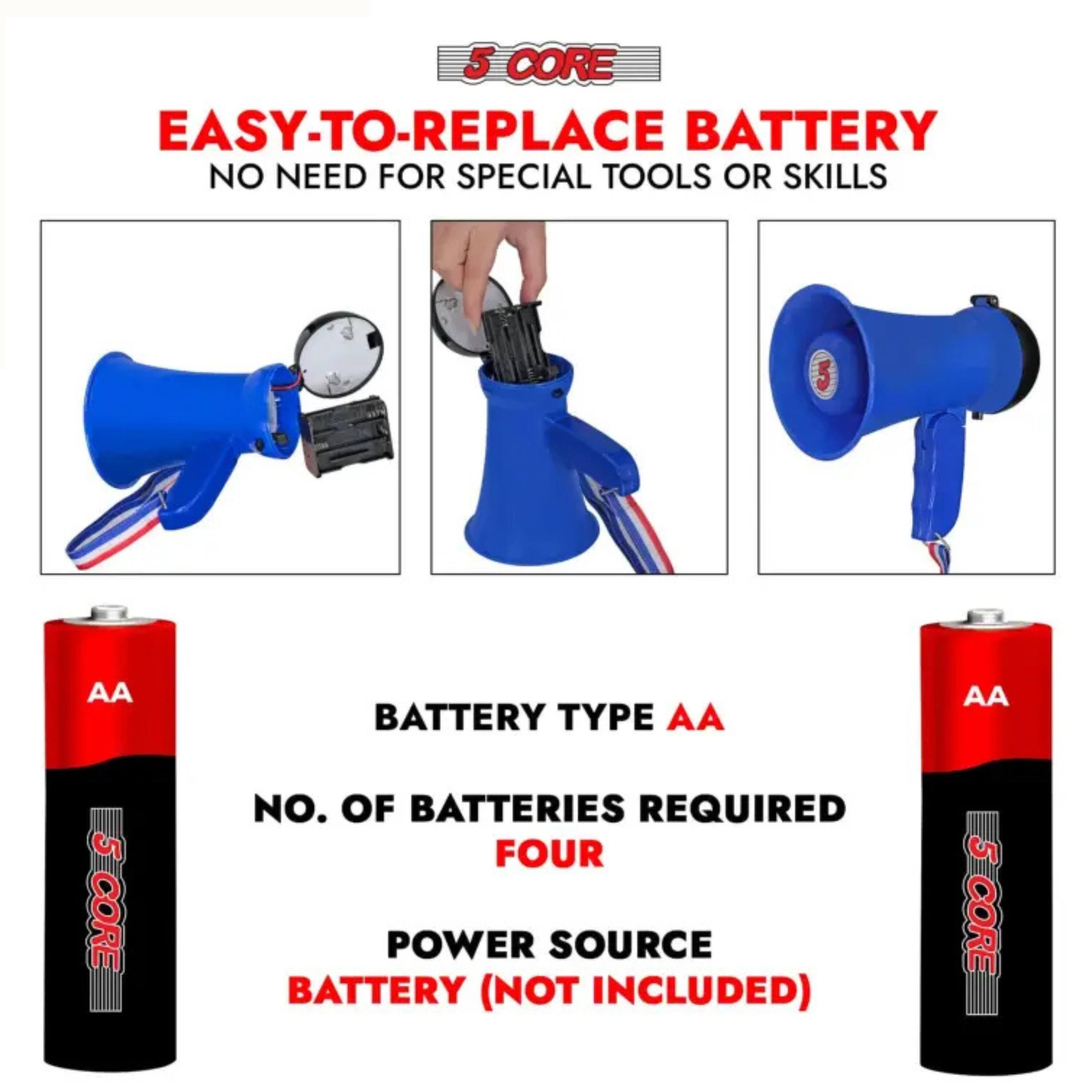 5 CORE EASY-TO-REPLACE BATTERY  
NO NEED FOR SPECIAL TOOLS OR SKILLS  

BATTERY TYPE AA  
NO. OF BATTERIES REQUIRED FOUR  
POWER SOURCE BATTERY (NOT INCLUDED)