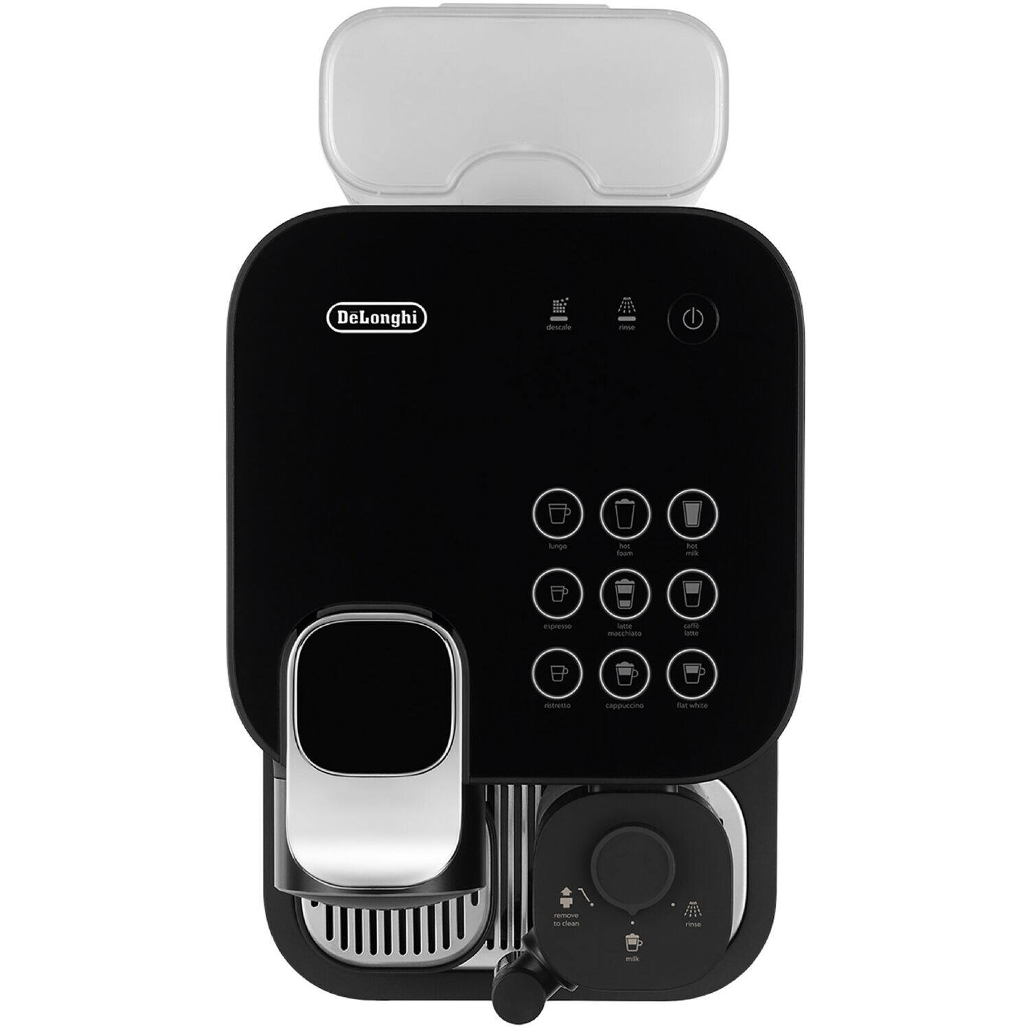 DeLonghi - descale - rinse - brew - espresso - macchiato - cappuccino - latte - cappuccino - ristretto - rinse - clean - rinse