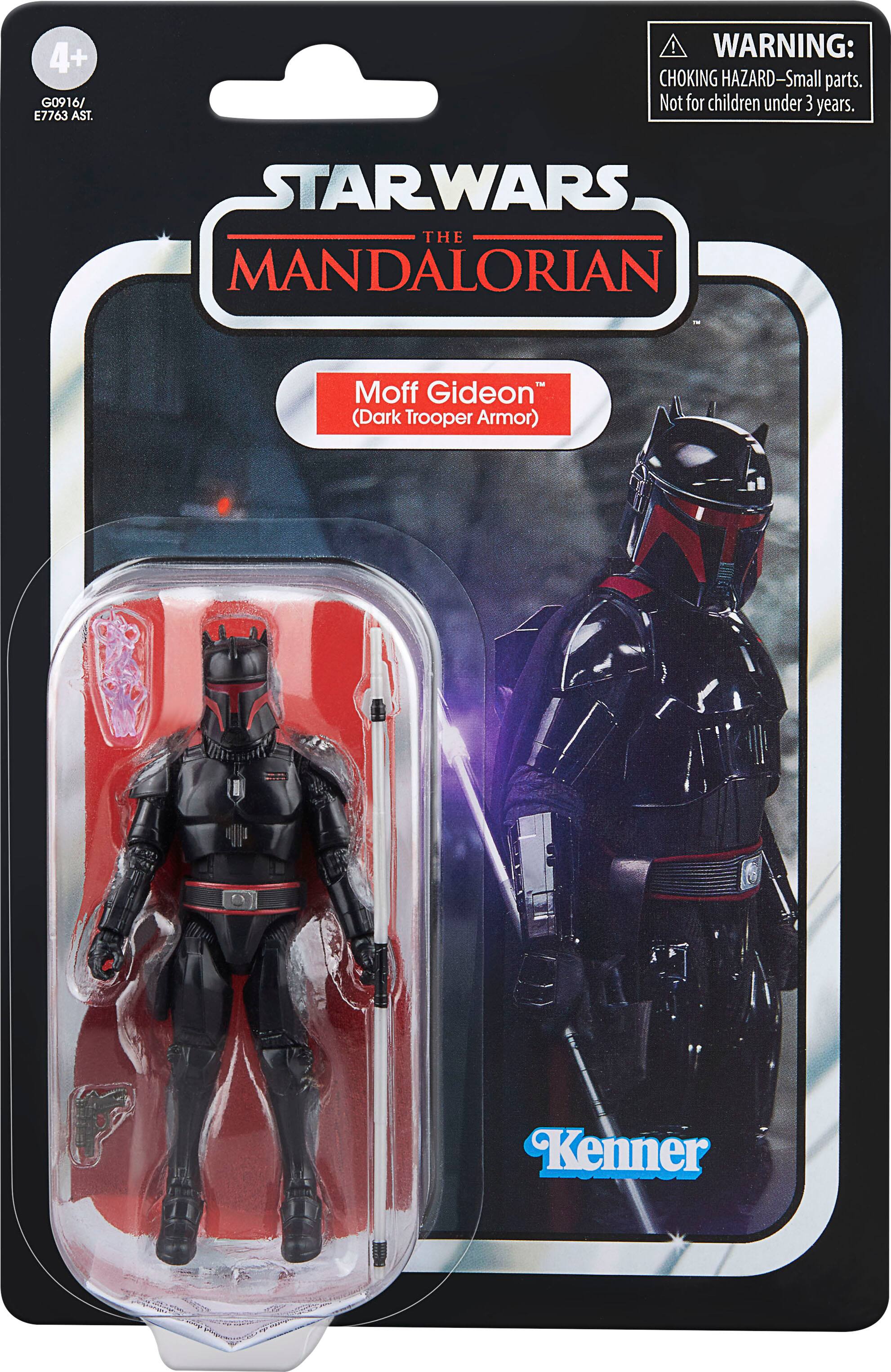 The text on the image reads: "WARNING: CHOKING HAZARD-Small parts. Not for children under 3 years. STARWARS THE MANDALORIAN TM Moff Gideon (Dark Trooper Armor) Kenner."