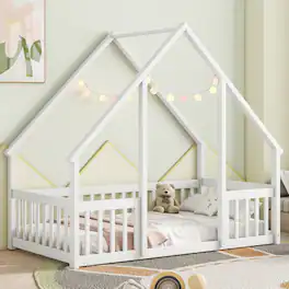 GOODSILO - House-Shaped Twin Floor Bed with Safety Fence and Guardrails for Children's Playful Sleep Space - White