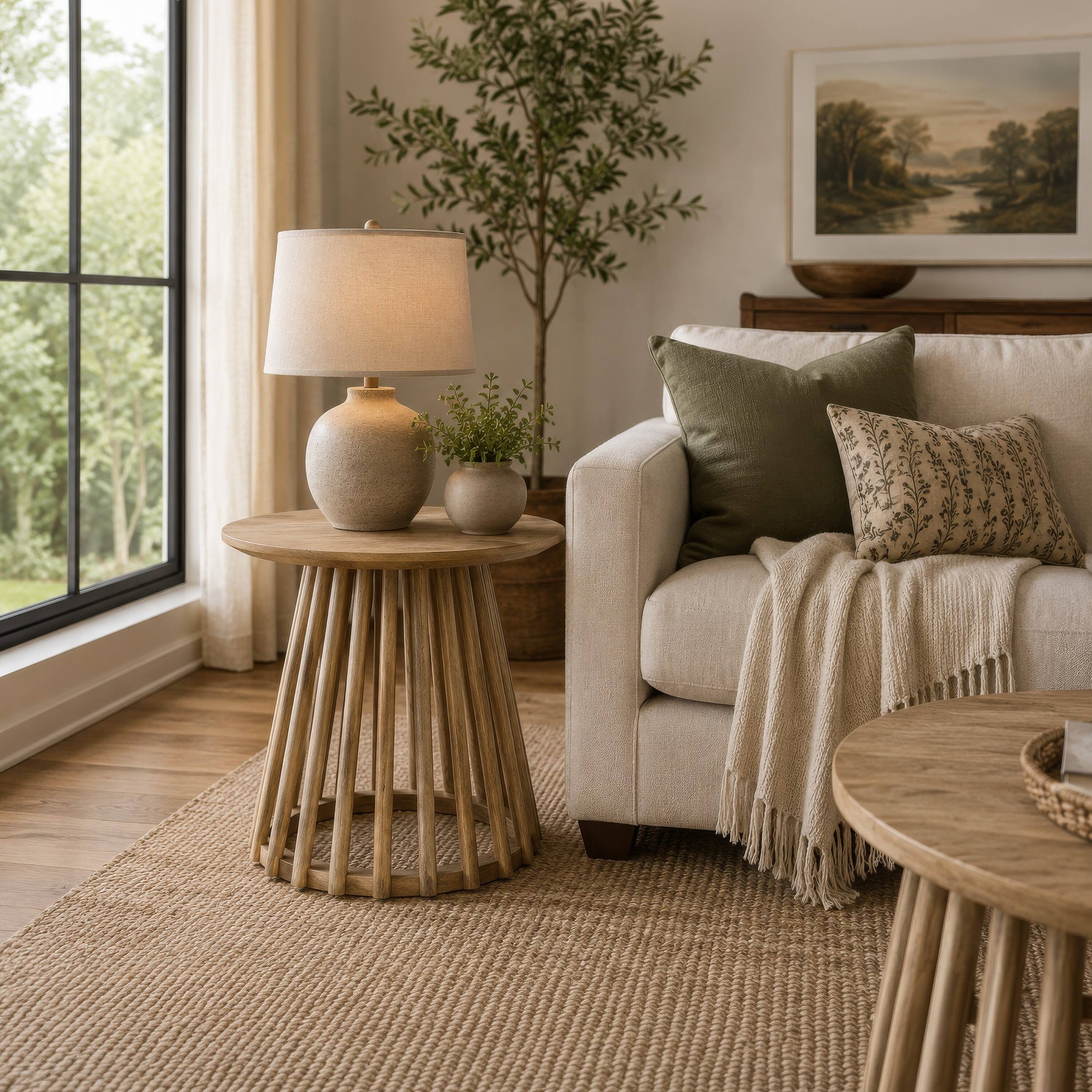 Alt View 7. Manhattan Lane - Trey Round End Side Table, Spindle Pedestal, Natural Mango Wood 22 Inch - Natural Mango Brown.