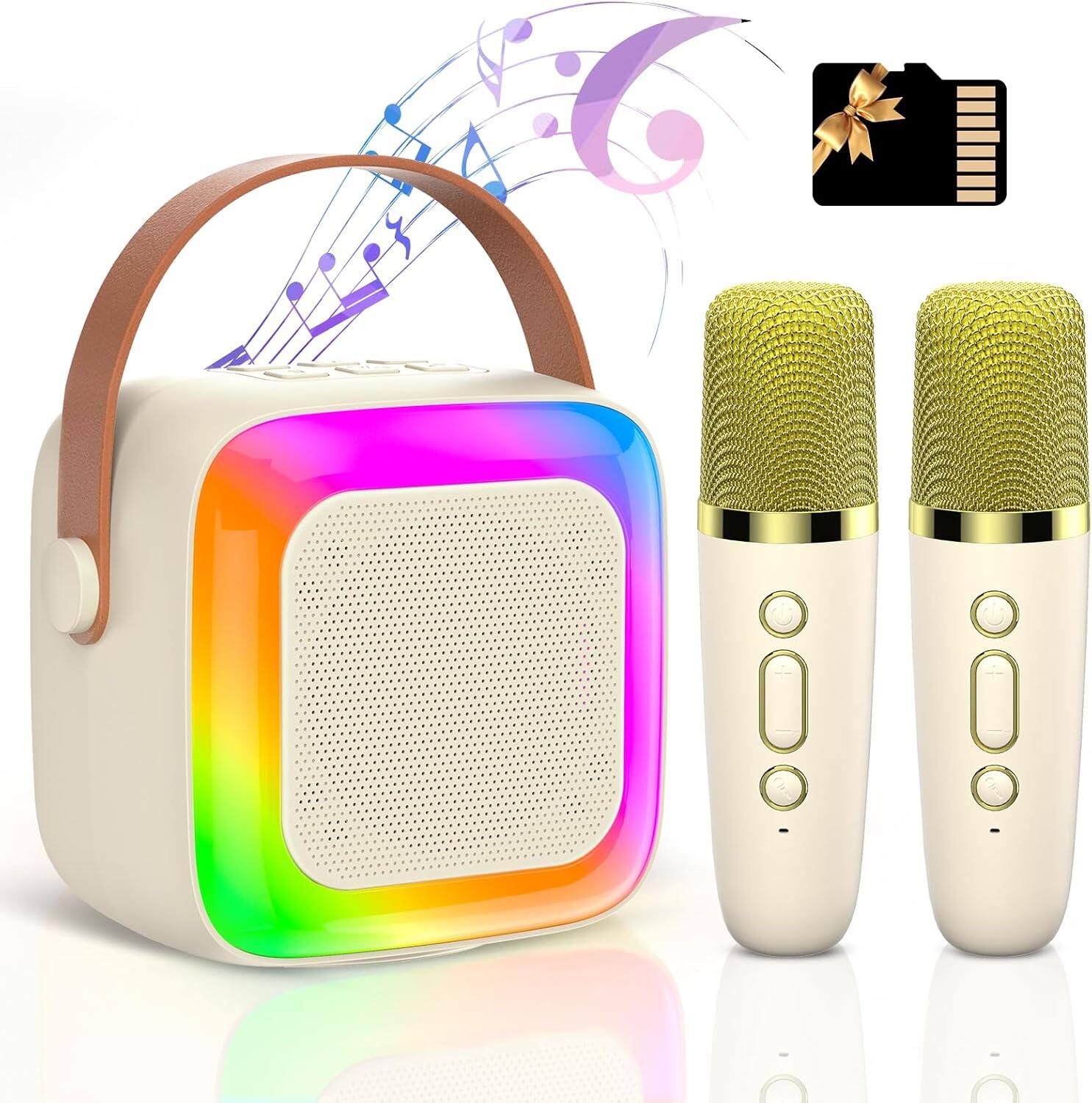 Stamp n Camp - Mini Karaoke Machine for Kids Adults,Portable Bluetooth Speaker with 2 Wireless Microphone and LED Lights,Toys Girls 4 - Beige