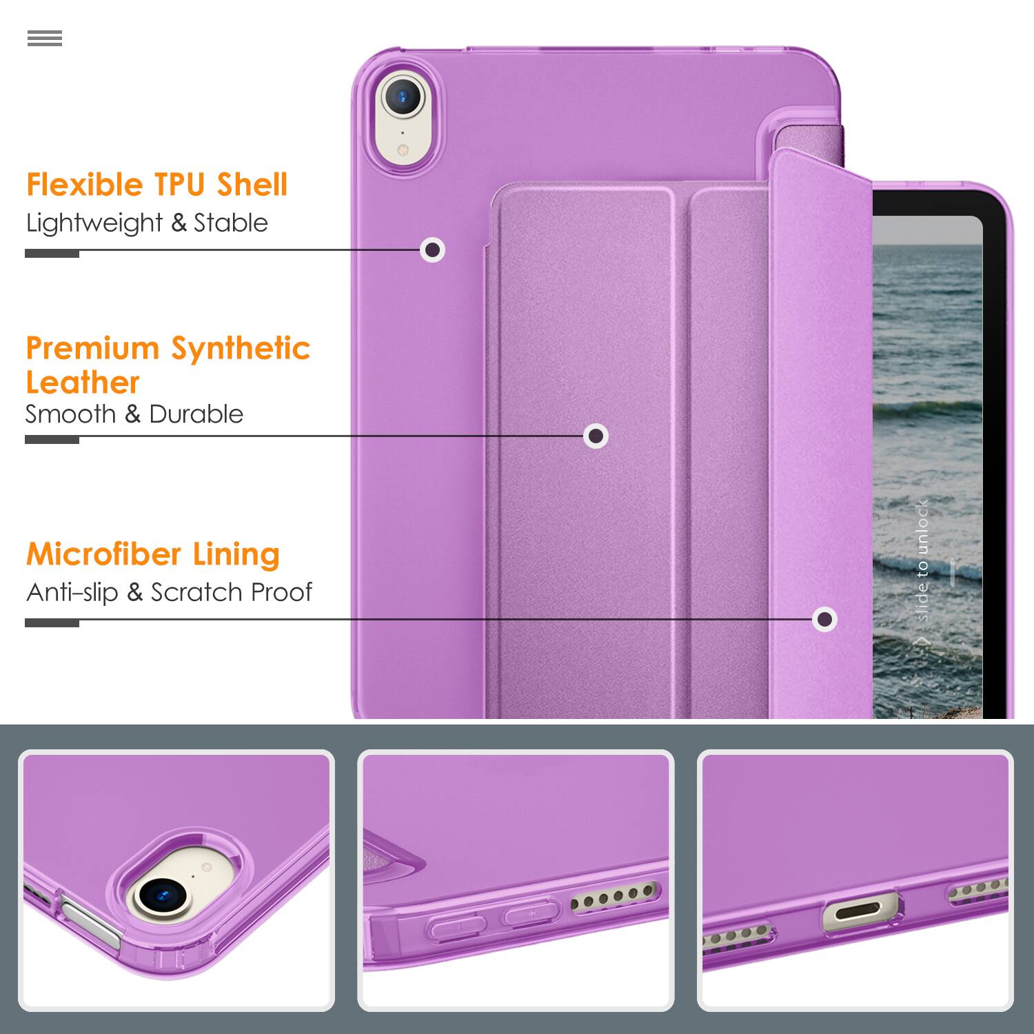 Flexible TPU Shell  
Lightweight & Stable  

Premium Synthetic Leather  
Smooth & Durable  

Microfiber Lining  
Anti-slip & Scratch Proof