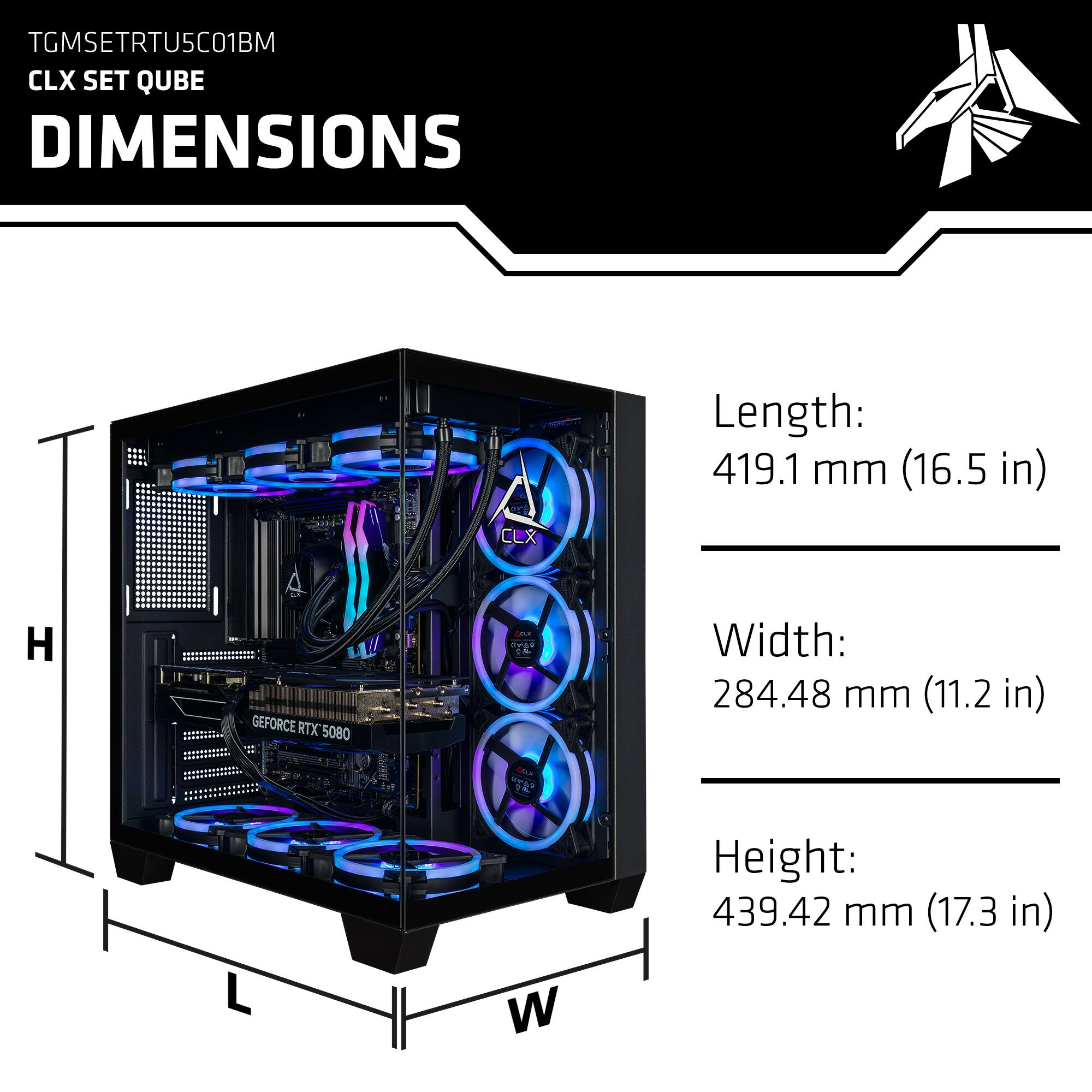 TGMSETRTU5C01BM  
CLX SET QUBE  

DIMENSIONS  

Length: 419.1 mm (16.5 in)  
Width: 284.48 mm (11.2 in)  
Height: 439.42 mm (17.3 in)