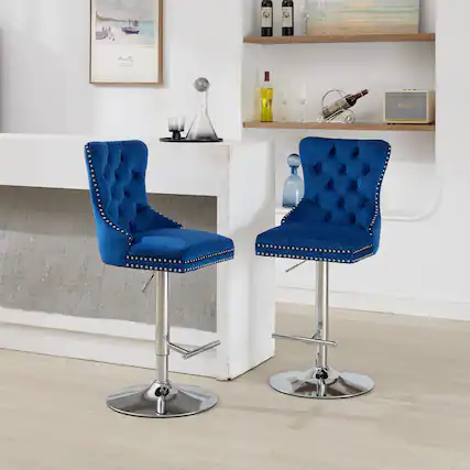 Front. PexFix - Upholstered Velvet Bar Stools, Set of 2, Adjustable Height Swivel with Tufted Back, Wide Base for Home Pub - Blue.