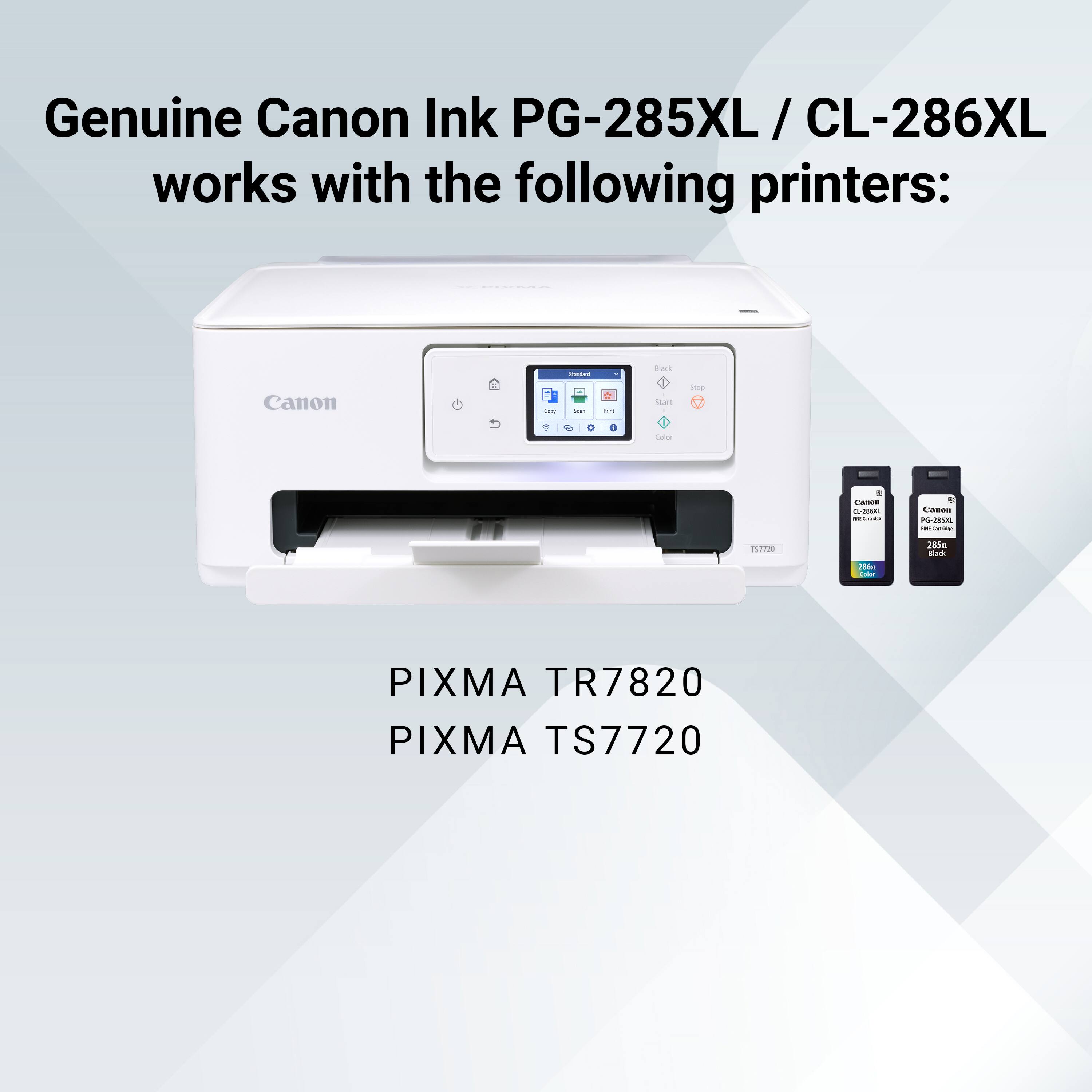 Genuine Canon Ink PG-285XL / CL-286XL works with the following printers: Canon PIXMA TR7820, Canon PIXMA TS7720.