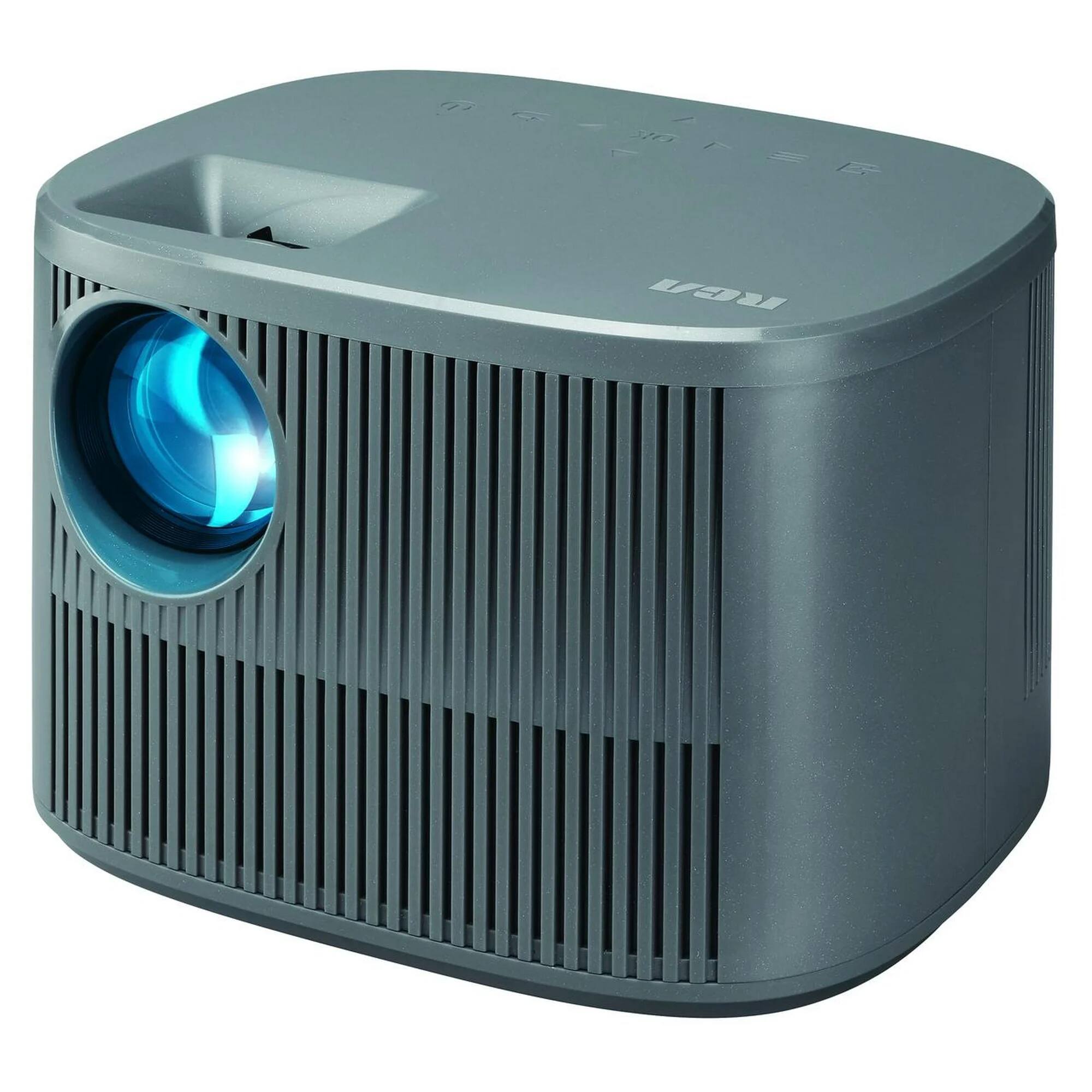 Left. RCA - RPJ185 720P HD Smart Home Theater Projector with ROKU Express Stick, 150 ANSI - Silver.
