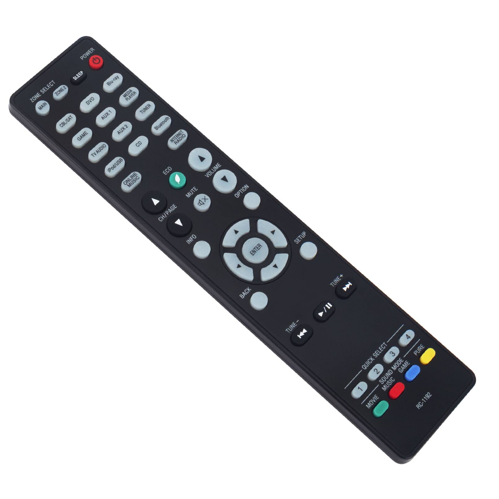 POWER SLEEP Blu181 SELECT ZONL2 MLDIA ZONE DVD PLATEN MAKIN TUNER AUX1 COL/SAT Bluetooth AUR GAME NILINET 8 AUDIO TV PPosuSo ECO VOLUME HUSIC MUTE XE CH/PAGE INFO OPTION ENTER SETUP BACK TUNE- I TUNE+ I A SELECT SEL 3 PURE QUICK MODE GAME 2 SOUND MUSIC - MOVIE RC-1192 - 192 RC