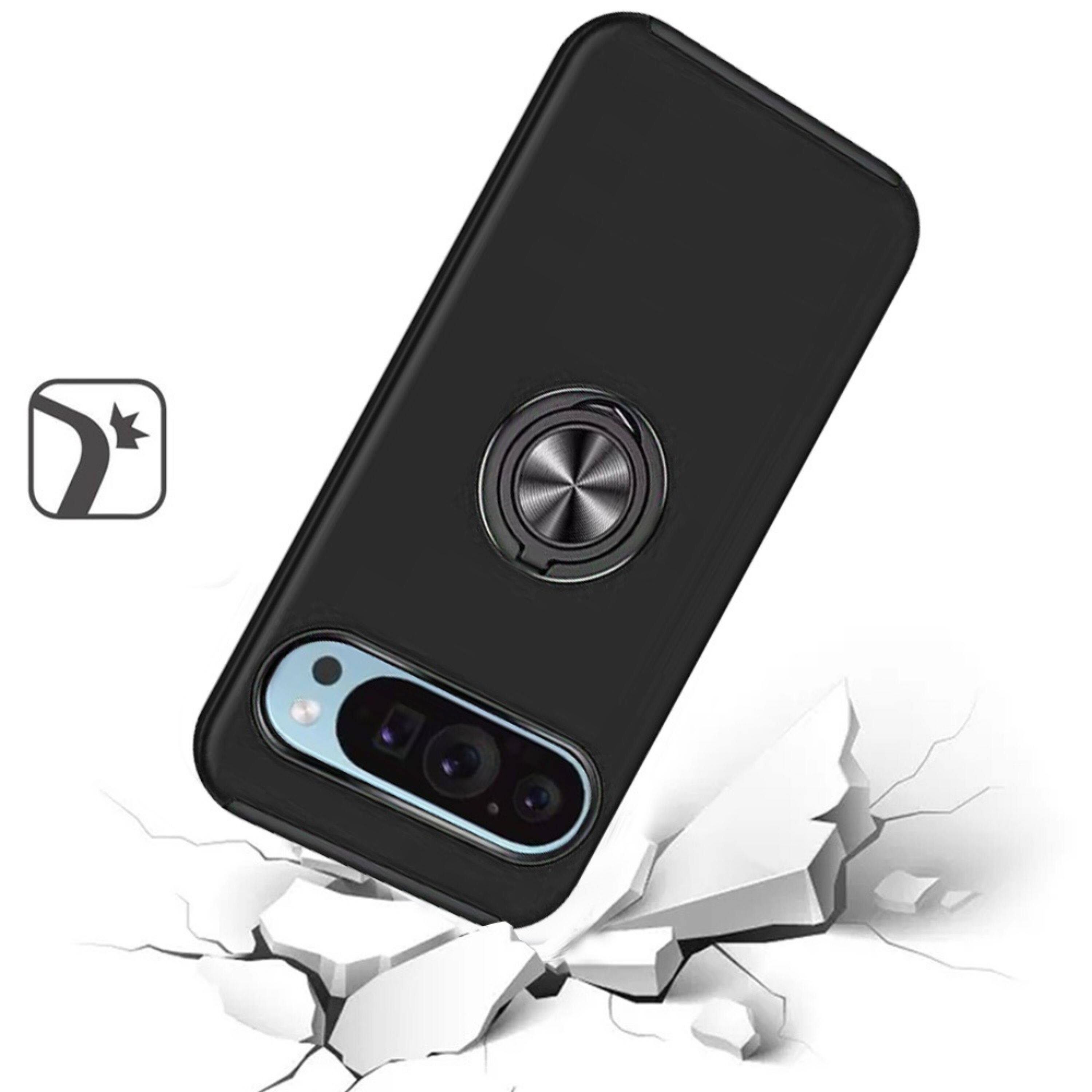 Left. Kitcheniva - Stylish Dual Layer Magnetic Ring Stand Phone Case For Google Pixel 9 Pro XL Black - Black.