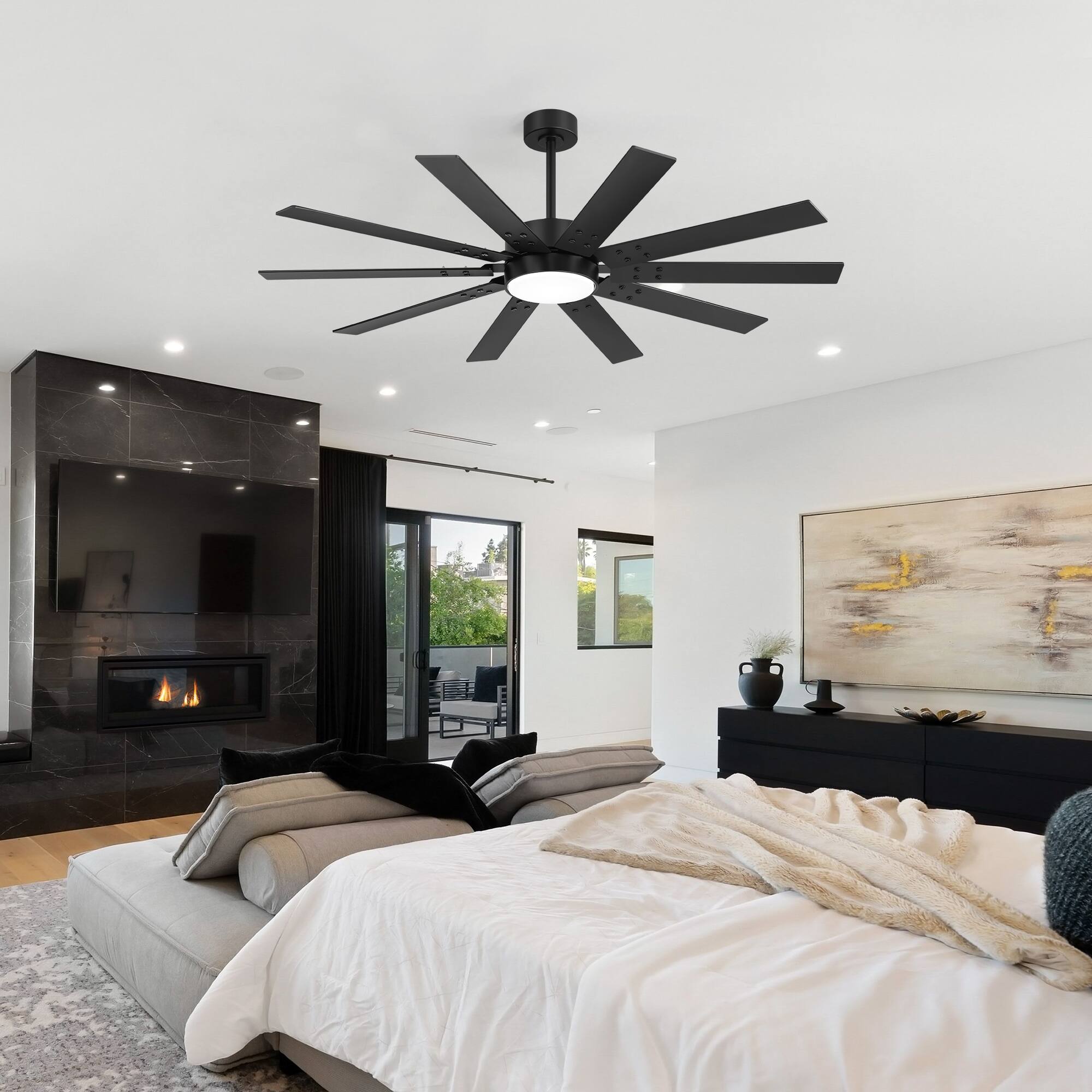 Alt View 7. Breezary - 60-In LED Indoor Ceiling Fan, 10 Plywood Blades, 6-Speed DC Motor,  Remote Control, Multi Timer, 6"/12" Downrods - Black.