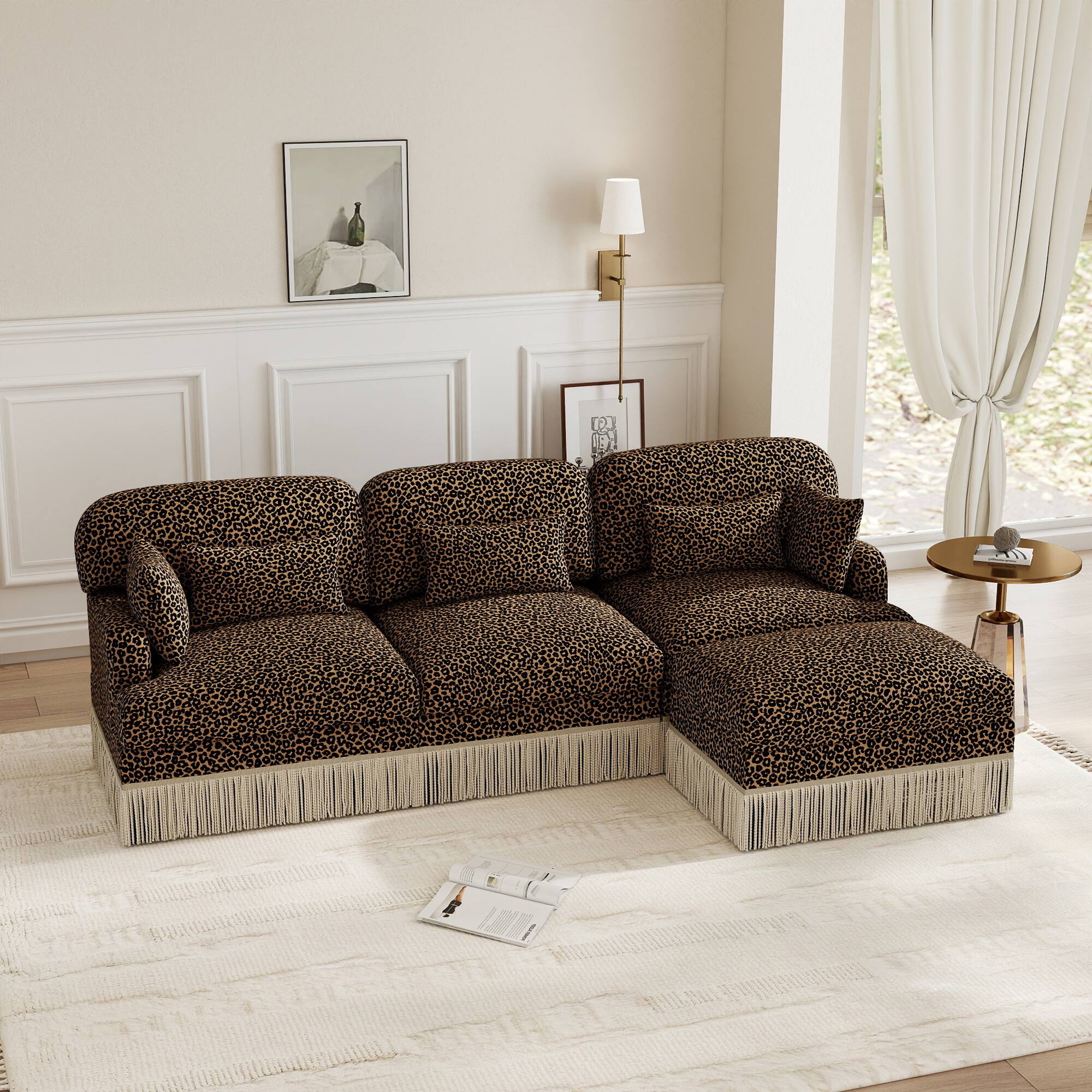 Angle. Anysun - Modern Fashion Style L-Shaped Chenille Leopard Print Sofa with Movable Ottoman & Tassel Edge, Easy Assembly, Deep Seat - Brown.