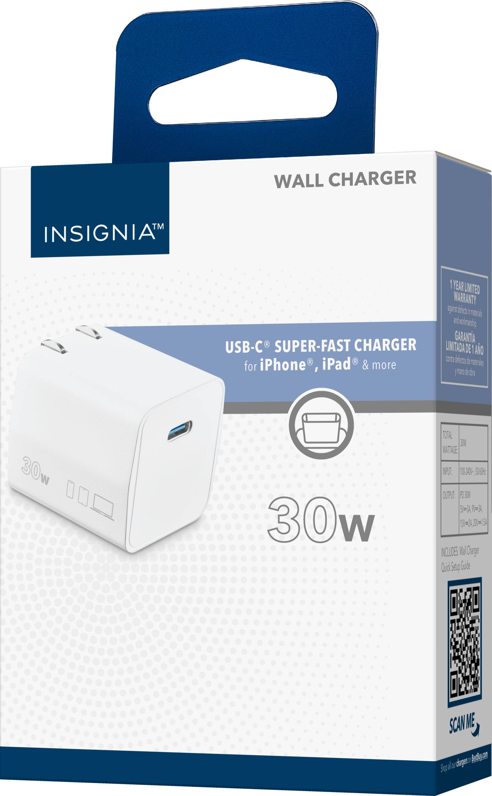 The text on the image reads:

"WALL CHARGER TM INSIGNIAT USB-C SUPER-FAST CHARGER for iPhone iPad & more I YEAR LIMITED WARRANTY 30W 30W TOTAL NET POWER, 30W 5V/10V/20V/30V 10-5050P OUTPUT, 30W 5V/10V/20V/30V 10-5050P OUTPUT, 30W 5V/10V/20V/30V 10-5050P OUTPUT, 30W 5V/10V/20V/30V 10-5050P OUTPUT, 30W 5V/10V/20V/30V 10-5050P OUTPUT, 30W 5V/10V/20V/30V 10-5050P OUTPUT, 30W 5V/10V/20V/30V 10-5050P OUTPUT, 30W 5V/10V/20V/30V 10-5050P OUTPUT, 30W 5V/10V/20V/30V 10-5050P OUTPUT, 30W 5V/10V/20V/30V 10-5050P OUTPUT, 30W 5V/10V/20V/30V 10-5050P OUTPUT, 30W 5V/10V/20V/30V 10-5050P OUTPUT, 30W 5V/10V/20V/30V 10-5050P OUTPUT, 30W 5V/10V/20V/30V 10-5050P OUTPUT, 30W 5V/10V/2